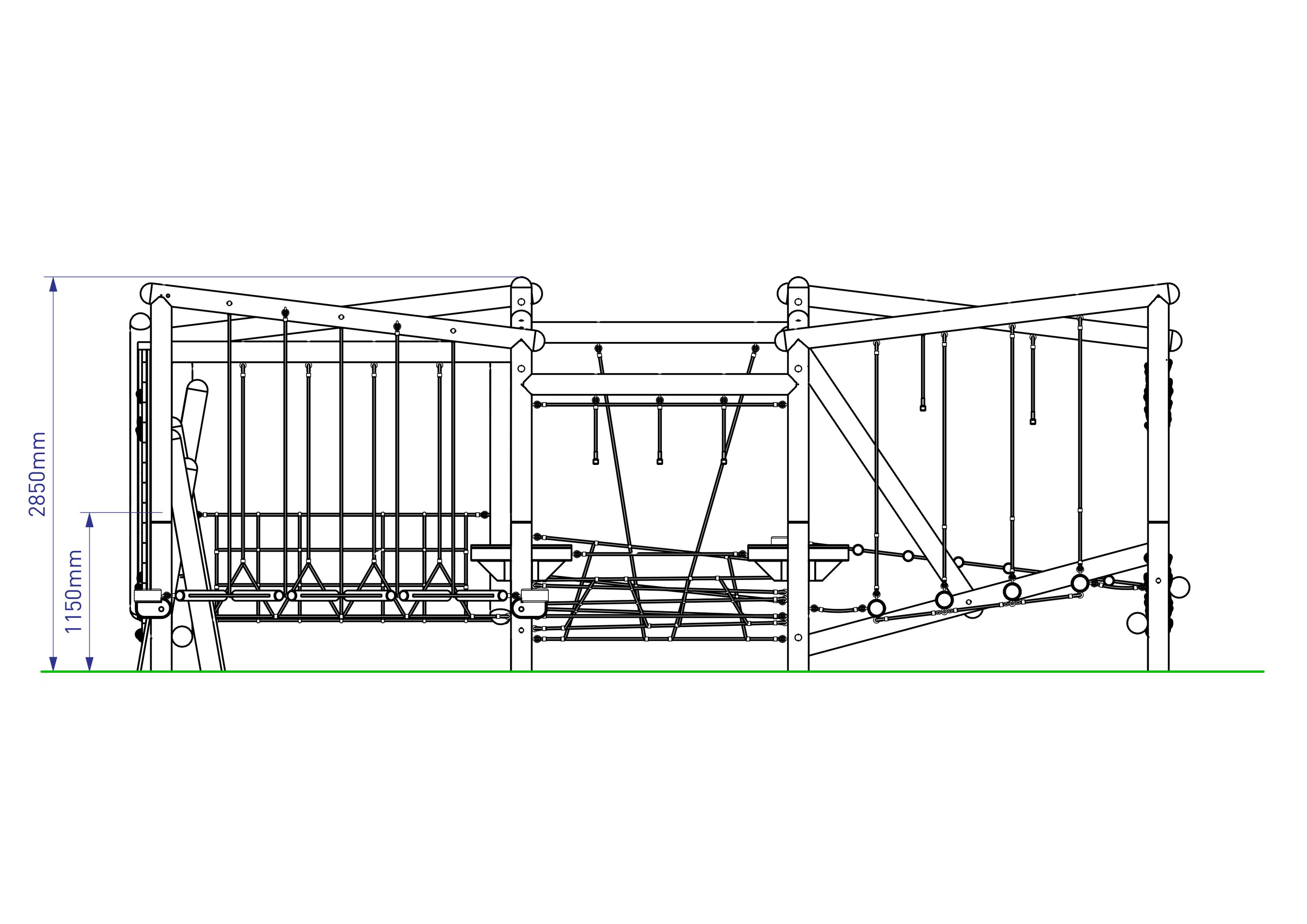 A 2D drawing of the Grizedale Forest Circuit from side on, with the size specifications shown beside the structure.