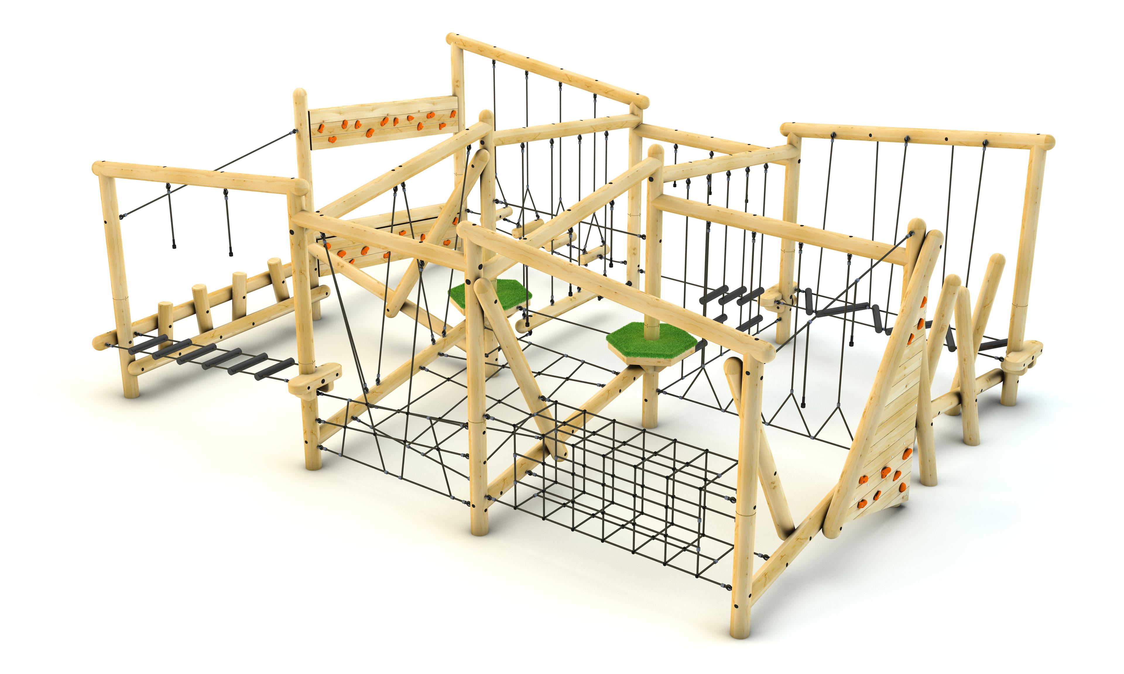 A 3D render of the Grizedale Forest Circuit from an angle, showcasing all the different obstacles on it.