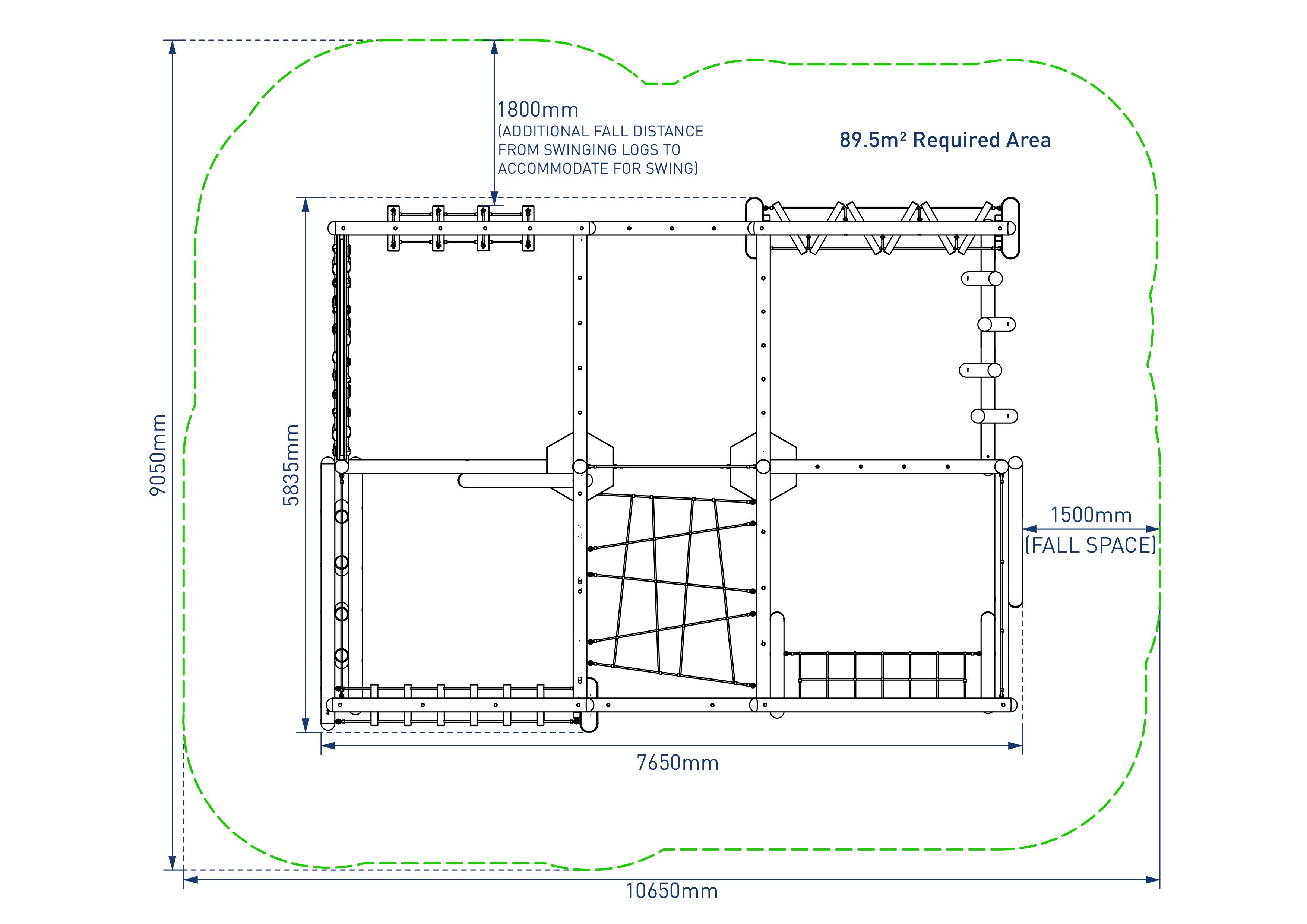 A 2D drawing of the Grizedale Forest Circuit from above, with the size specifications shown beside the structure.