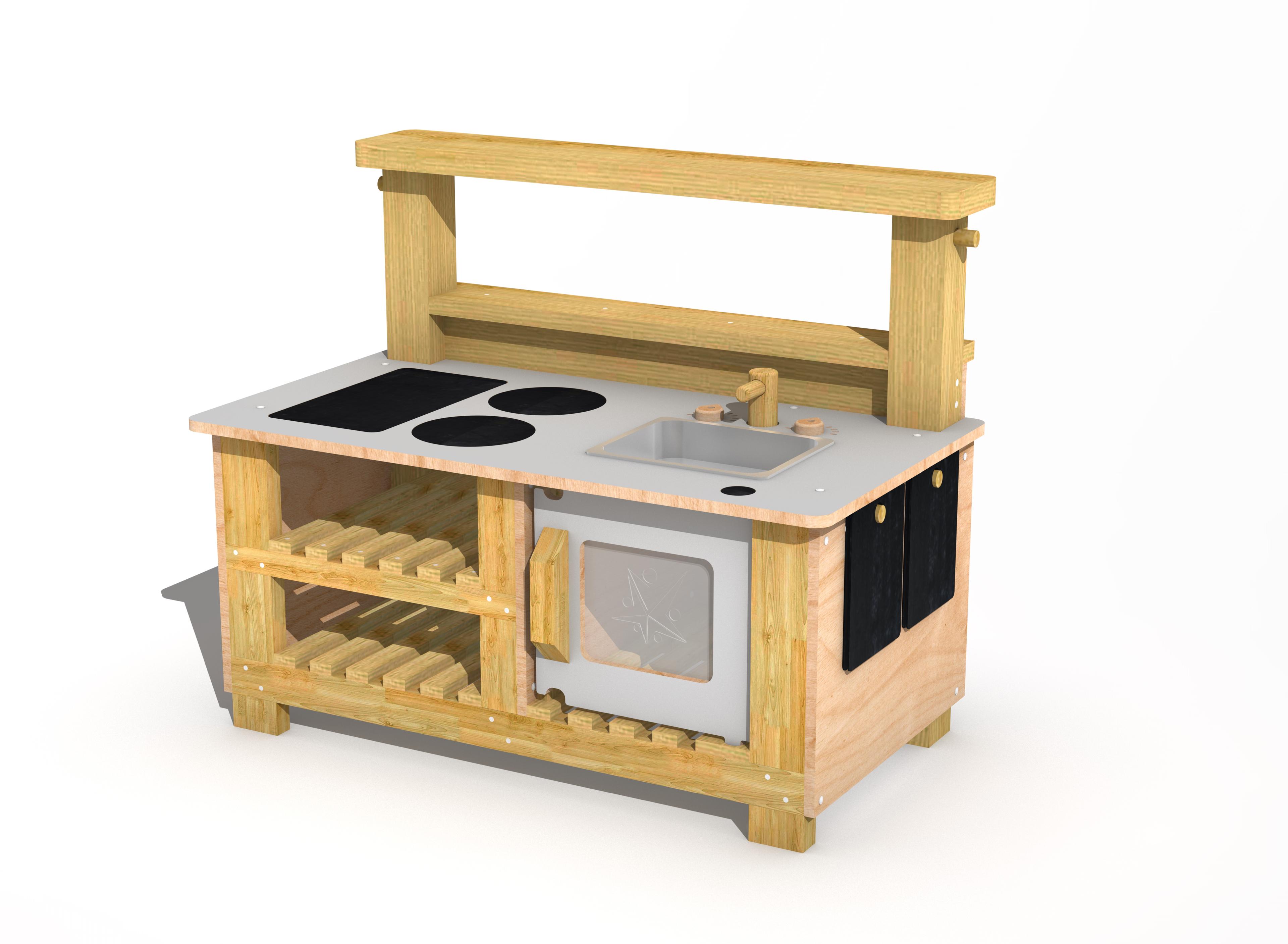 A 3D render of the Wooden Mud Kitchen from the front.