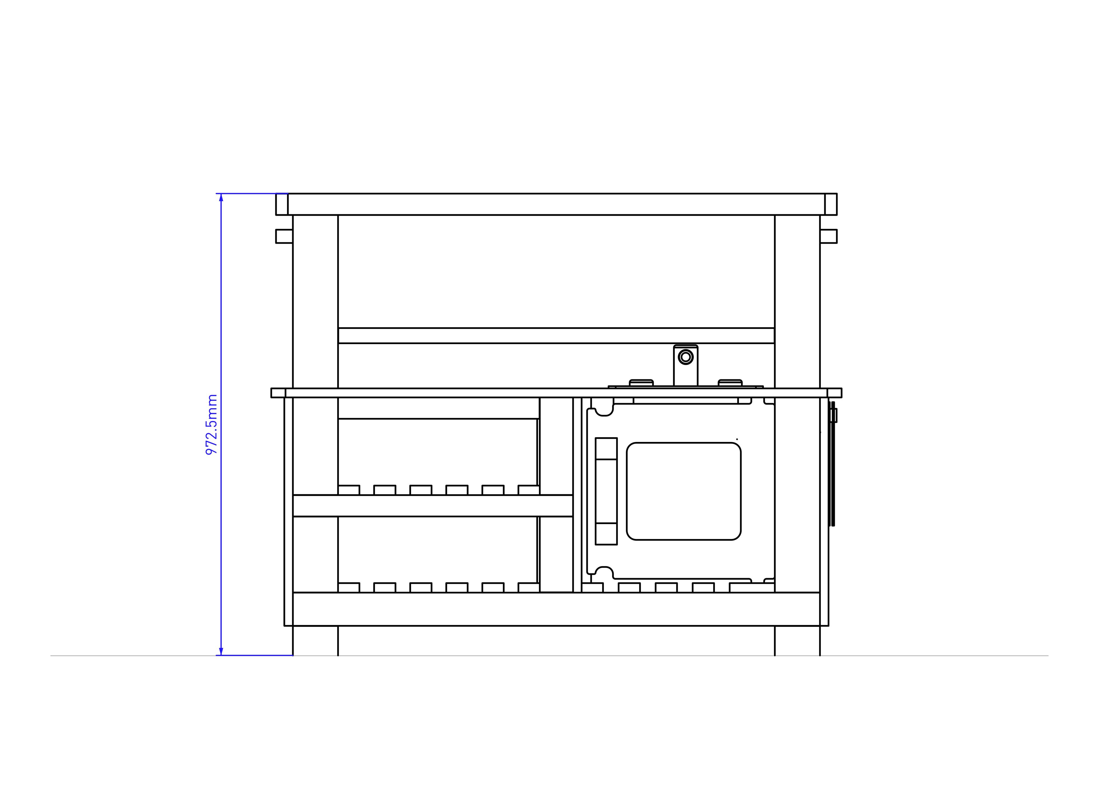 A 2D drawing of the Wooden Mud Kitchen from the front showing the size of the unit.
