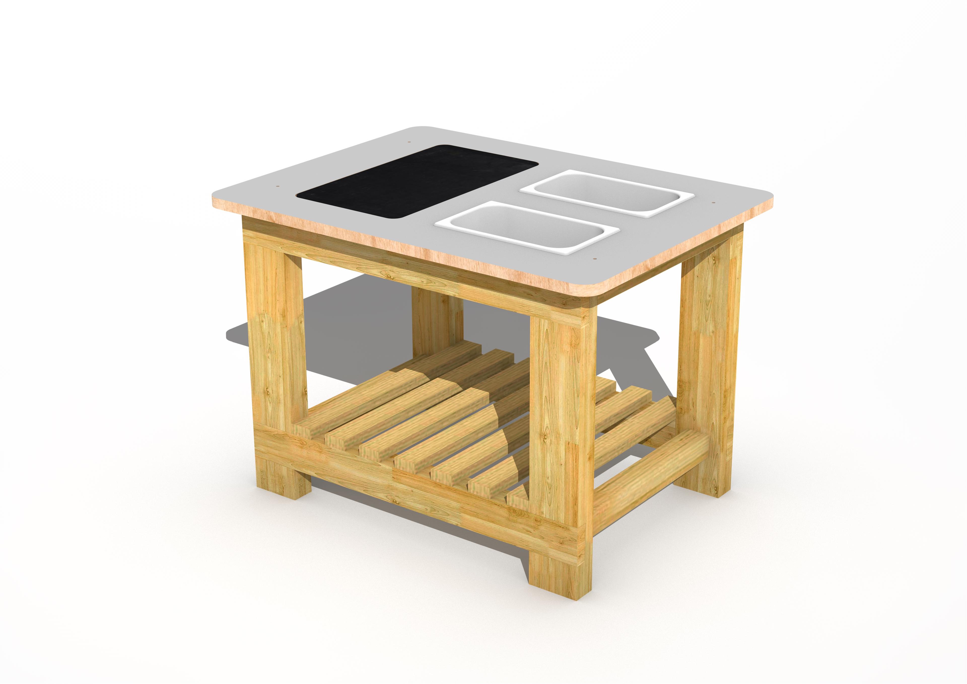 A wooden Mud Island Kitchen which features a shelf places underneath the structure and a grey top with a chalkboard and two stainless steel tubs.