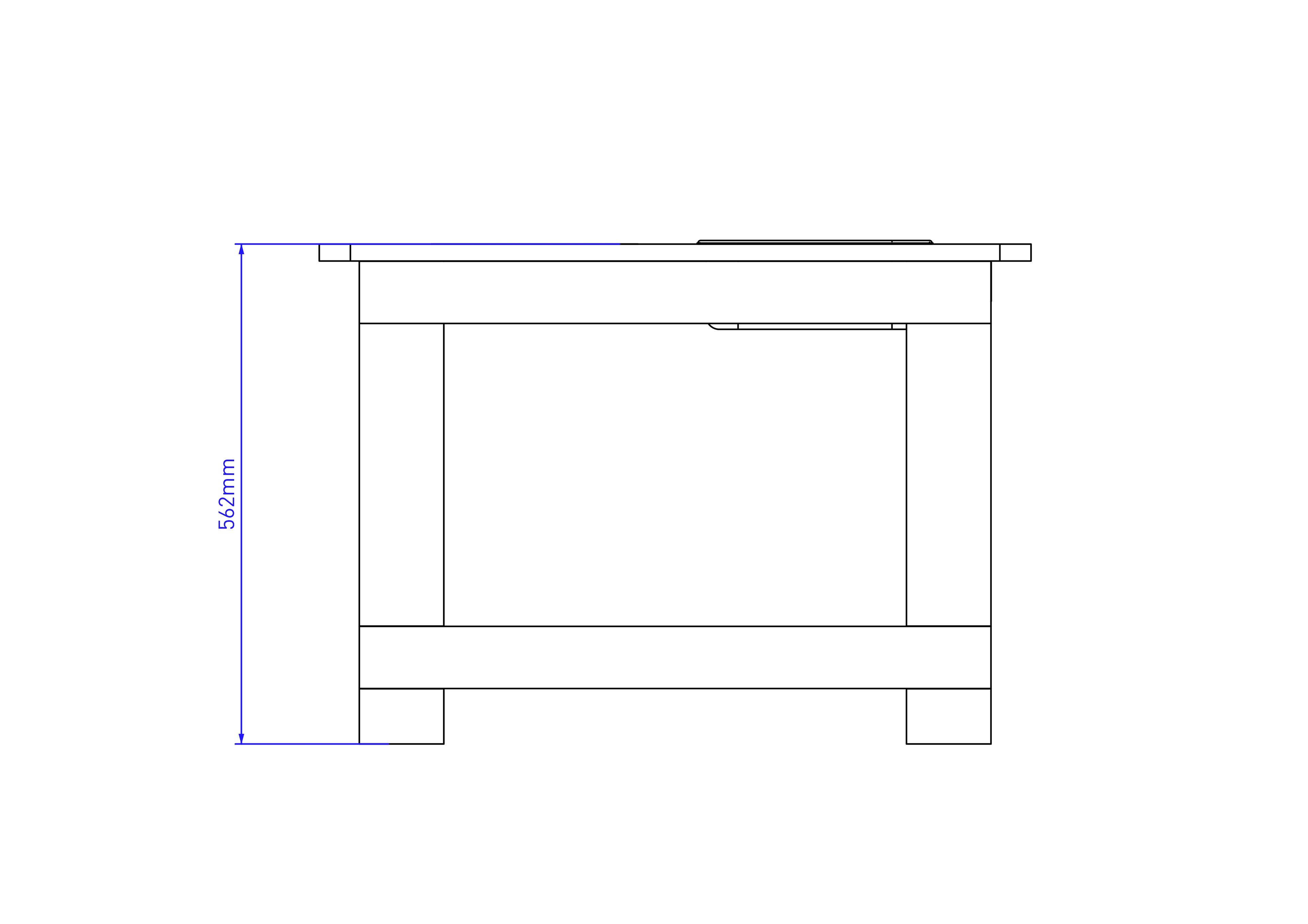 A side on view of the Mud Kitchen Island as a drawing. It also shows the height of the structure.
