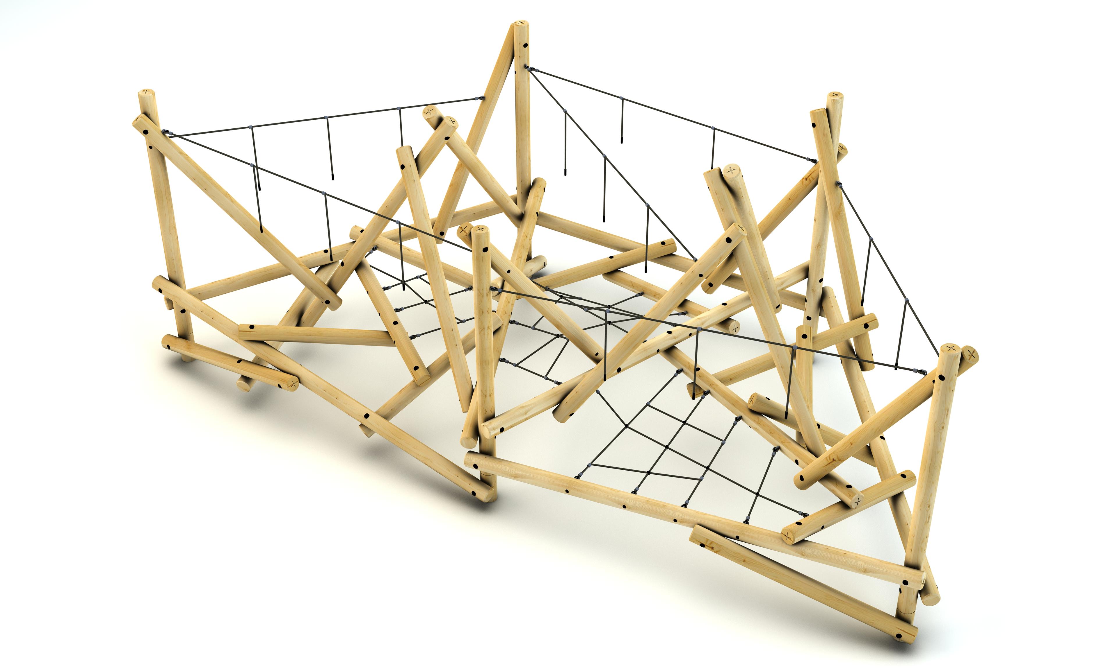 A 3D visualisation of the Helm Crag Climber, showcasing a variety of wooden poles and ropes connecting everything together.