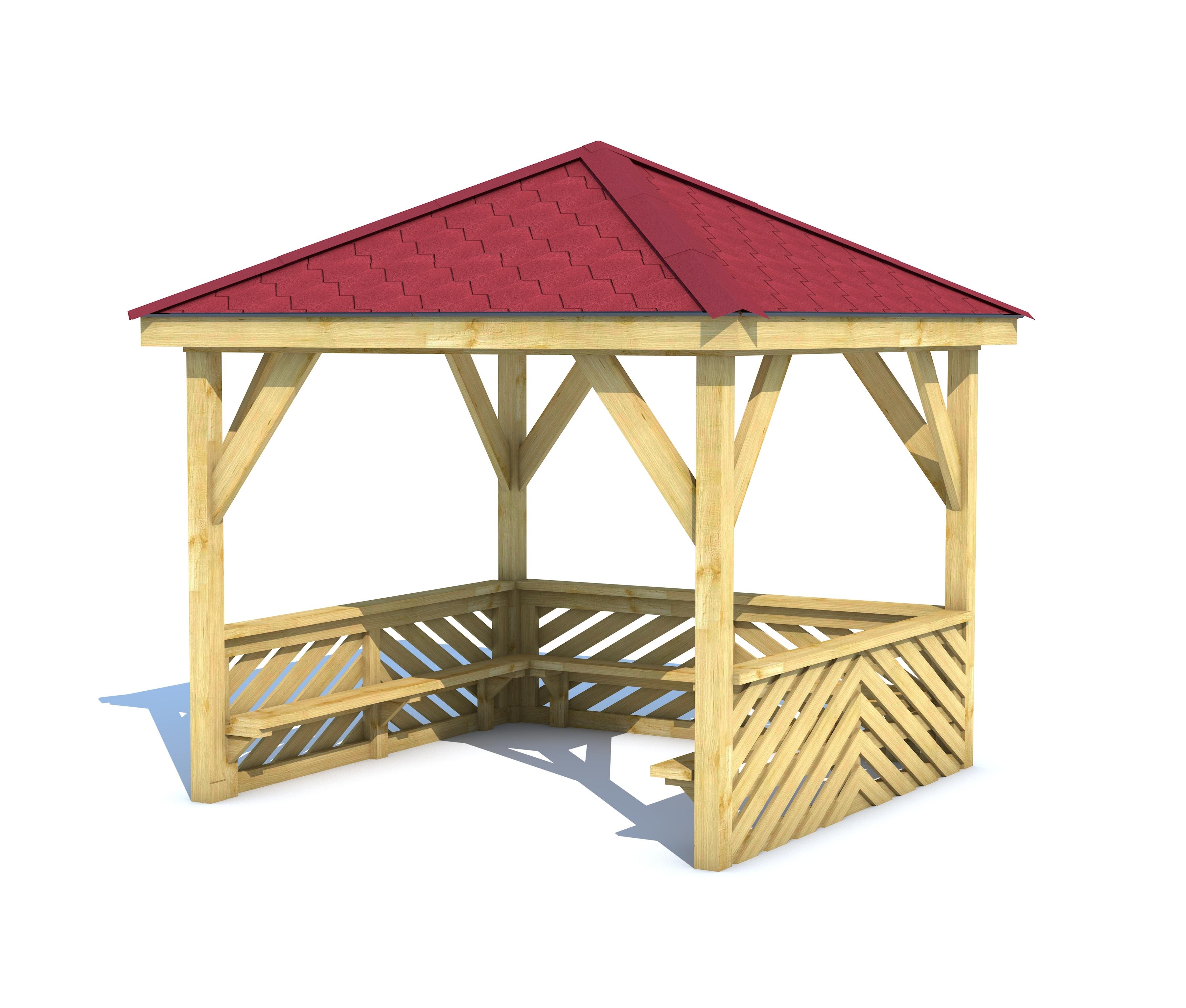 A 3D render of a wooden 3m square gazebo with a red shingle roof.