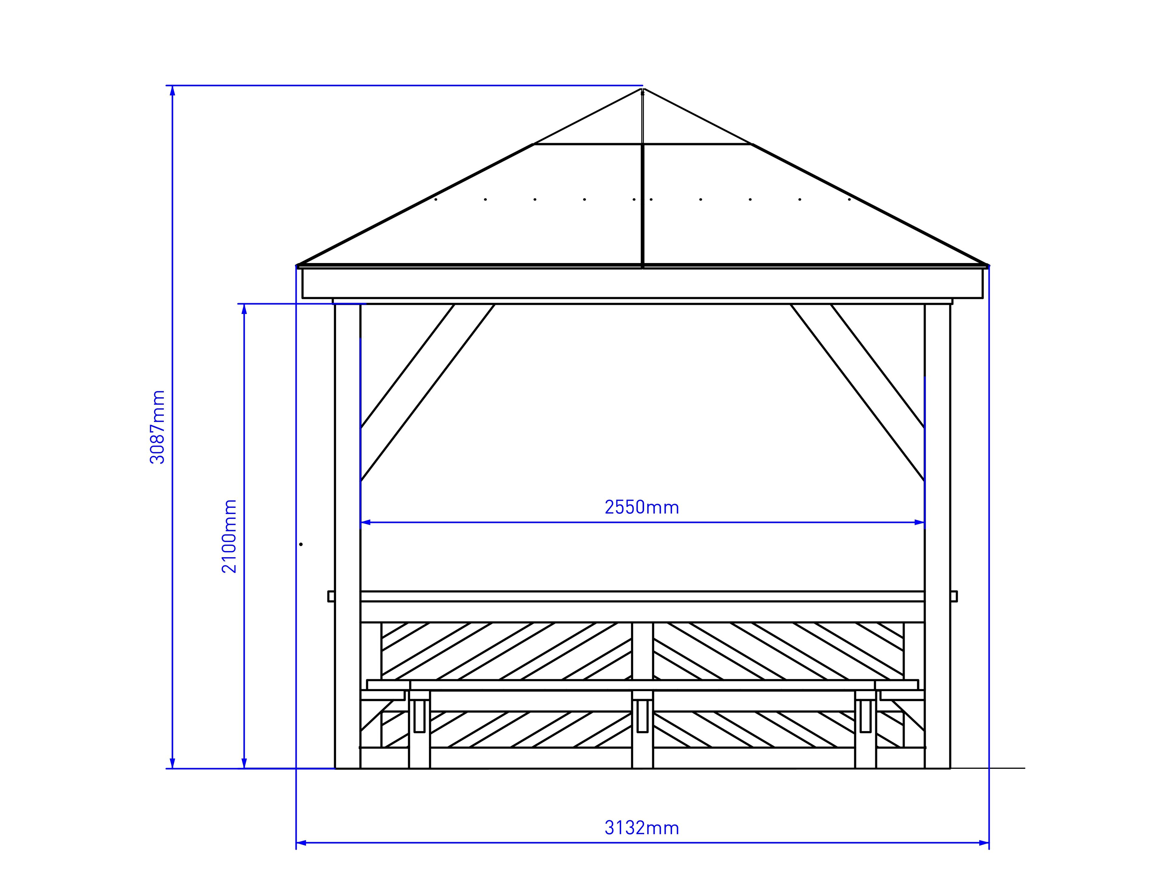 A CAD drawing of a 3m square gazebo with the dimensions.