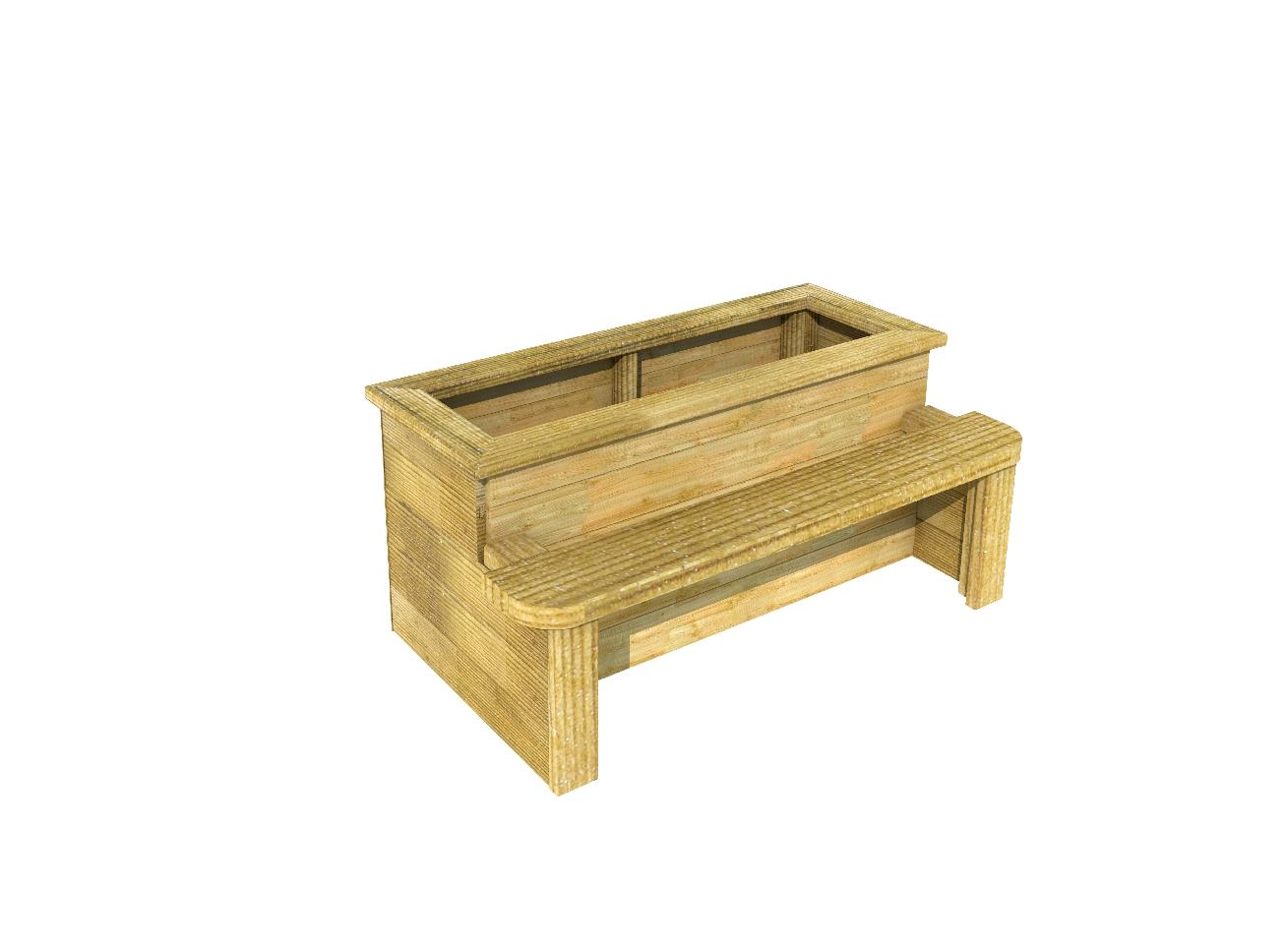 A 3D visualisation of the Outdoor Wooden Bench Planter, showcasing the planter and seating of the equipment.