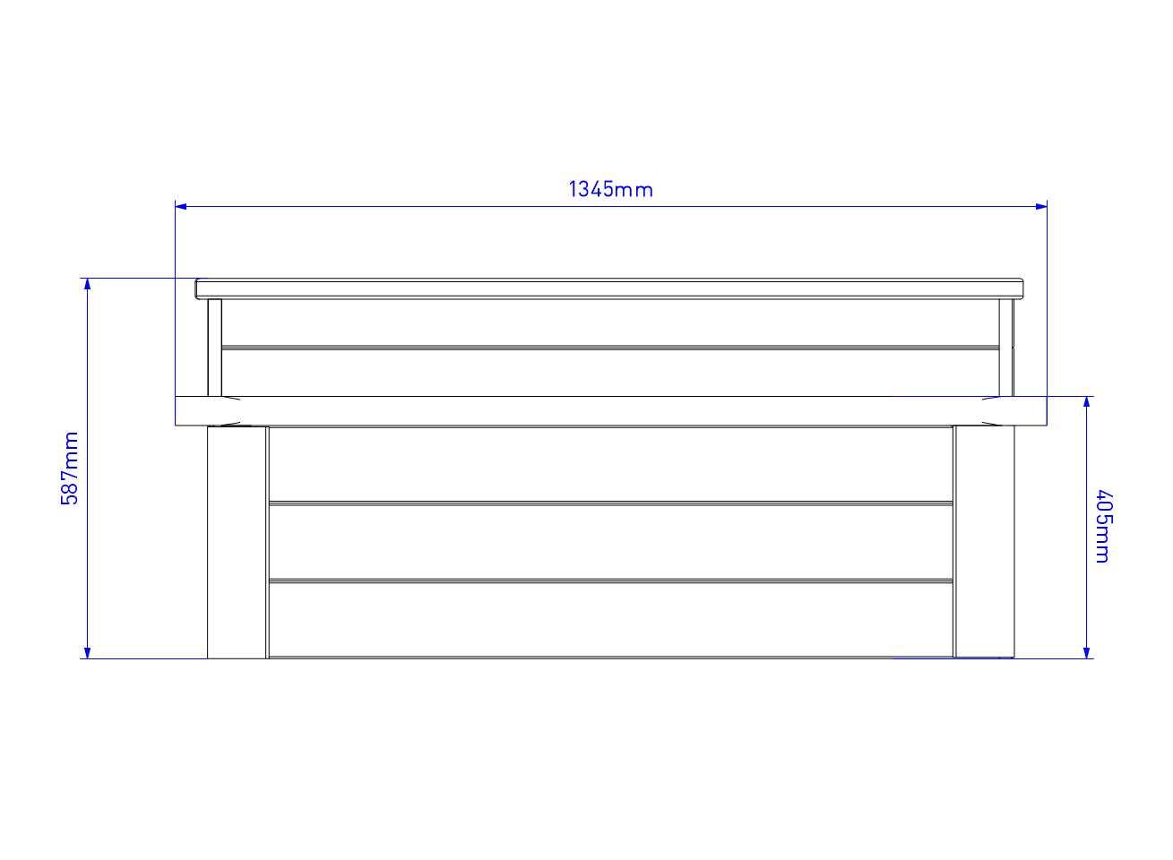 A drawing that shows the front of the Outdoor Wooden Bench Planter, with the measurements of different aspects being shown.