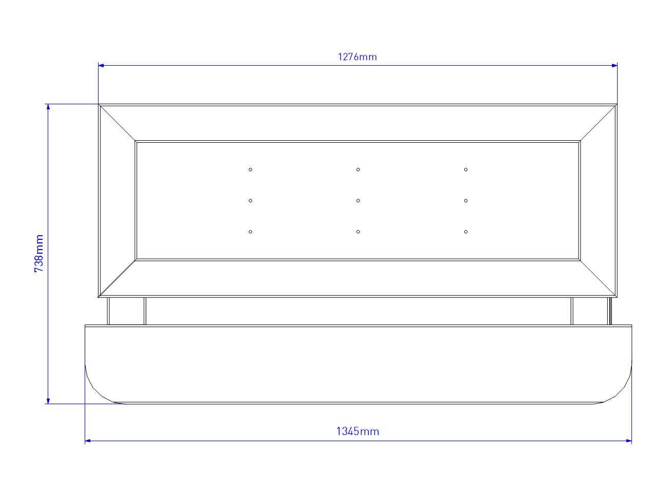A drawing of the Outdoor Wooden Bench Planter from above, showing the measurements of different aspects.