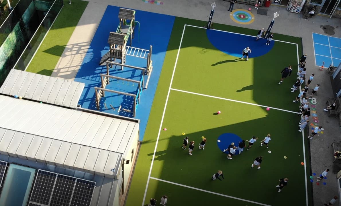 a birdseye view of the green artificial grass playturf