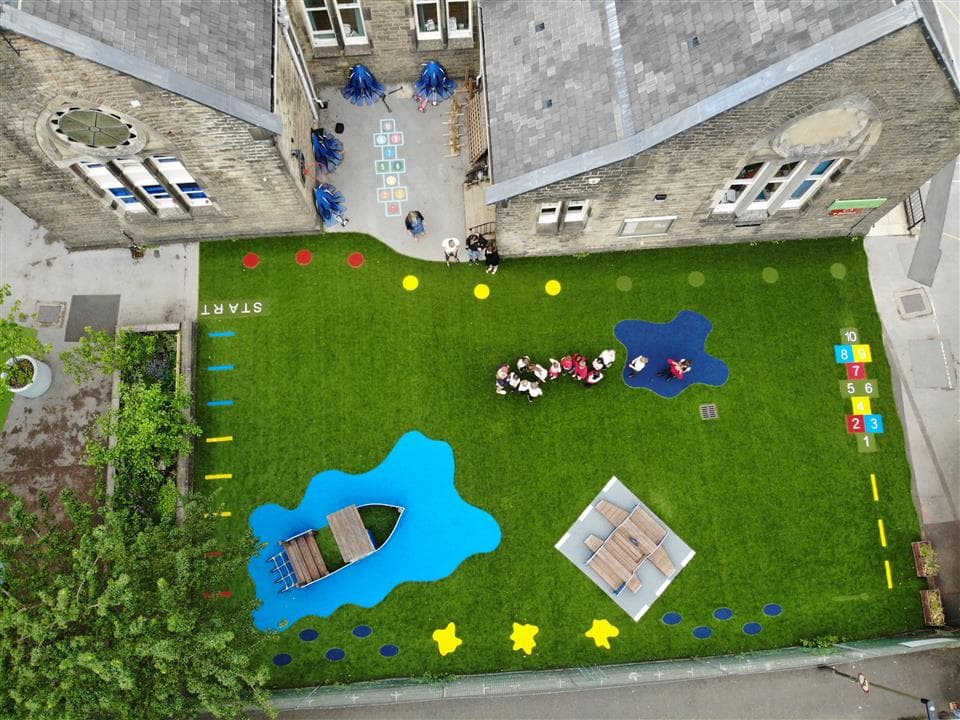 a birds eye view of playground with navy splash 
