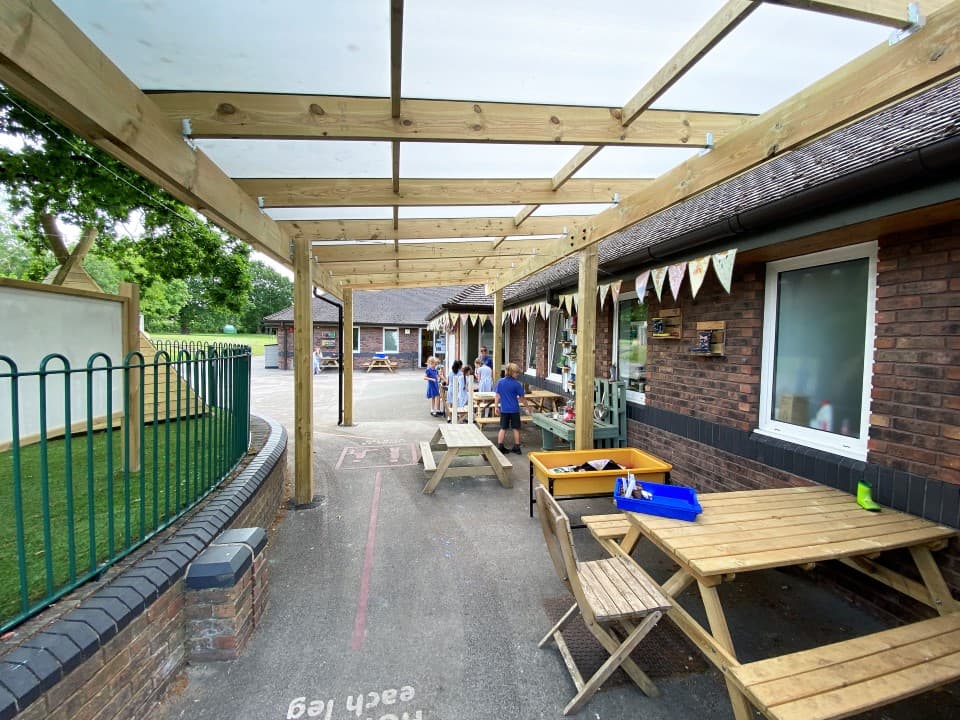 a timber canopy extending from a school with a white plastic roof and picnic tables as well as messy play provisions sheltered underneath
