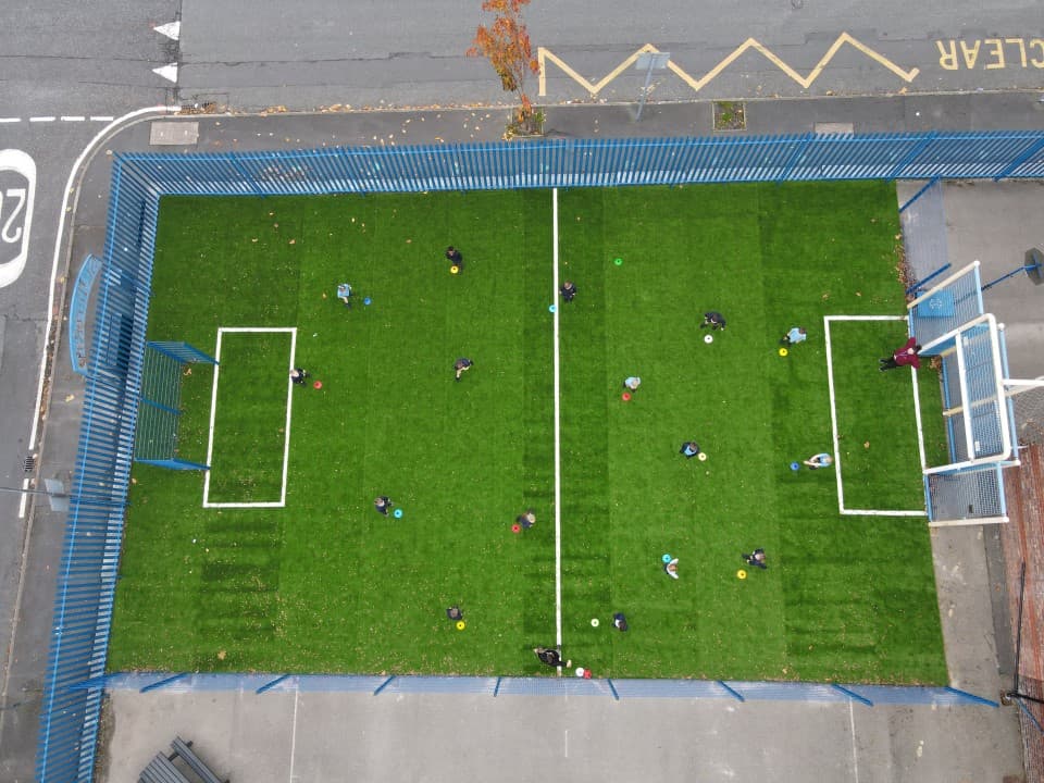 a birdseye view of a key stage two MUGA pitch