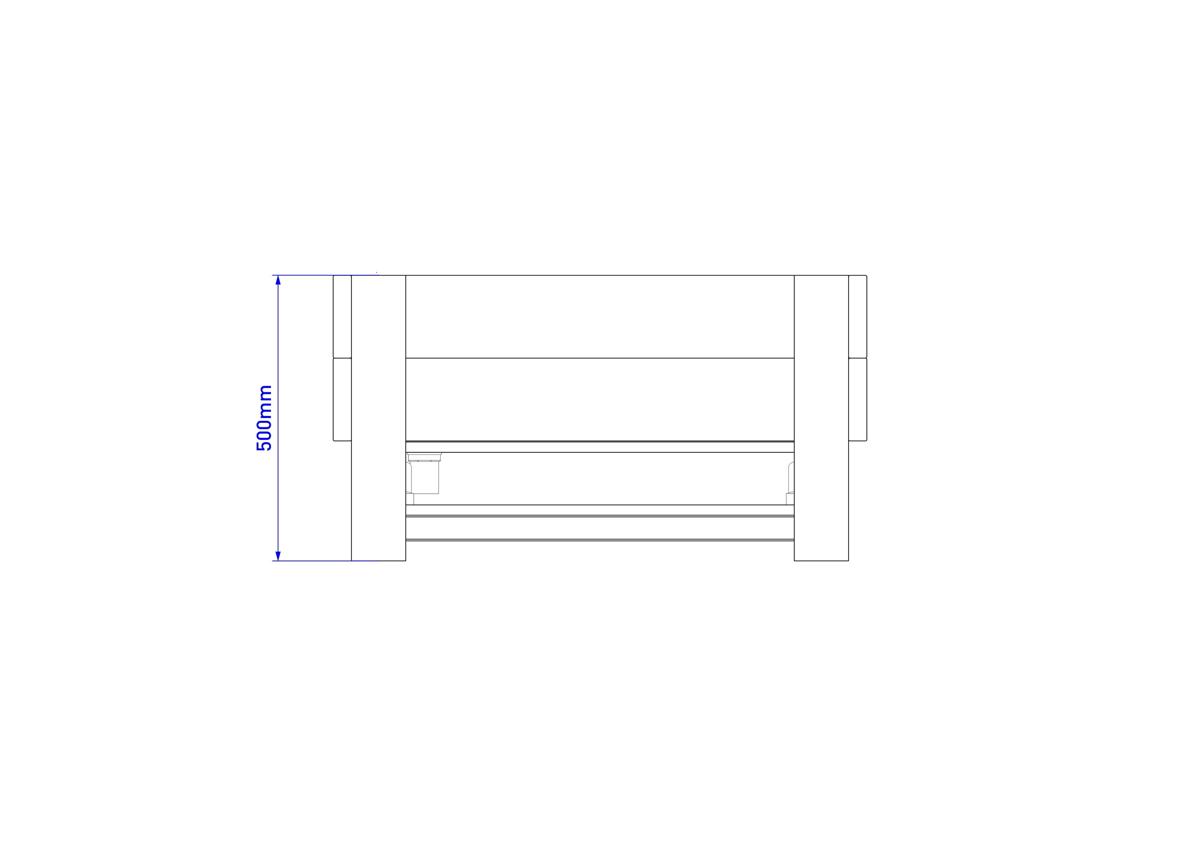 A 2D drawing of the water table with lid from the side, with the height being displayed to the side.