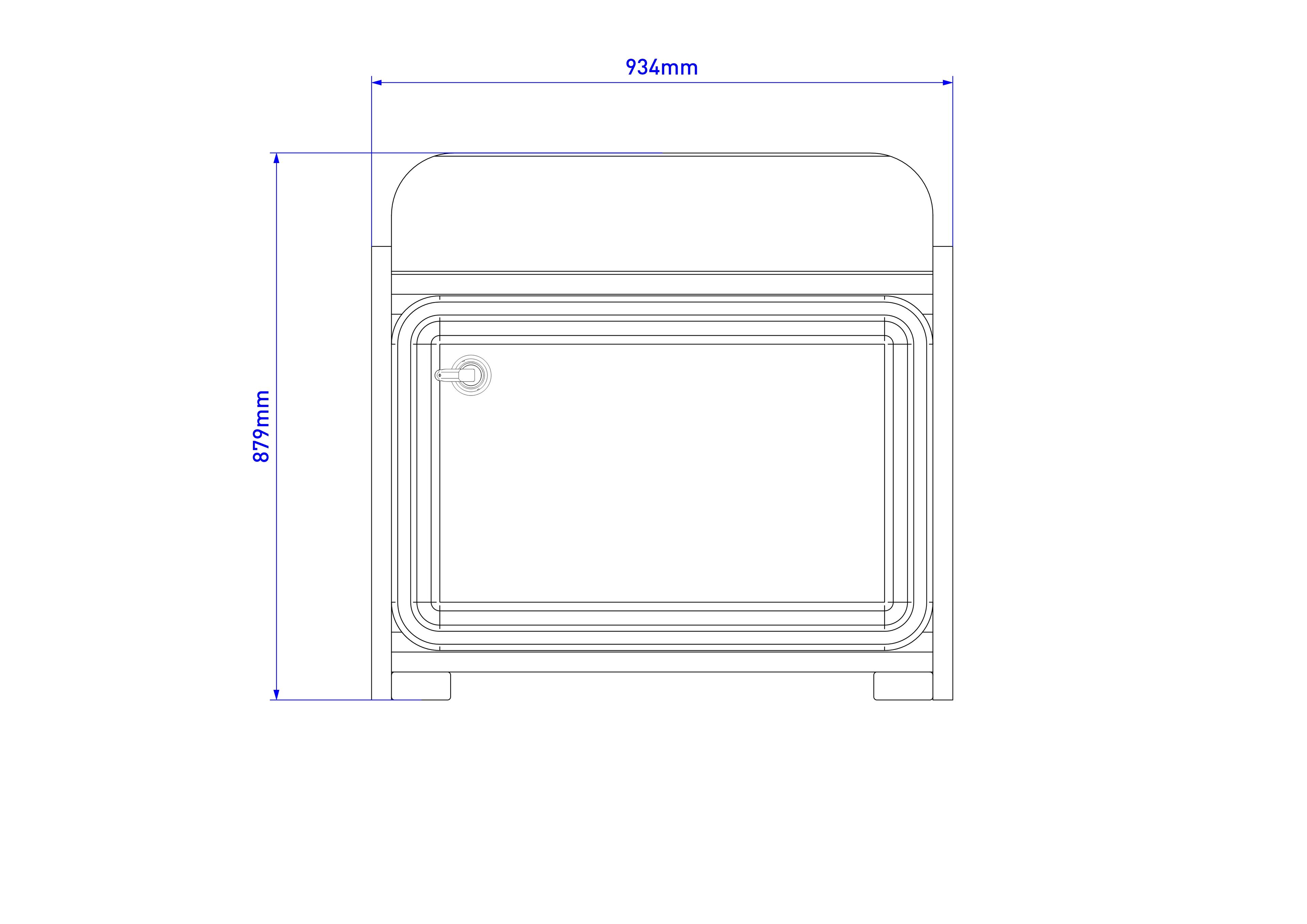 A 2D drawing of the water table with lid from the top, with the length and width being displayed to the sides.