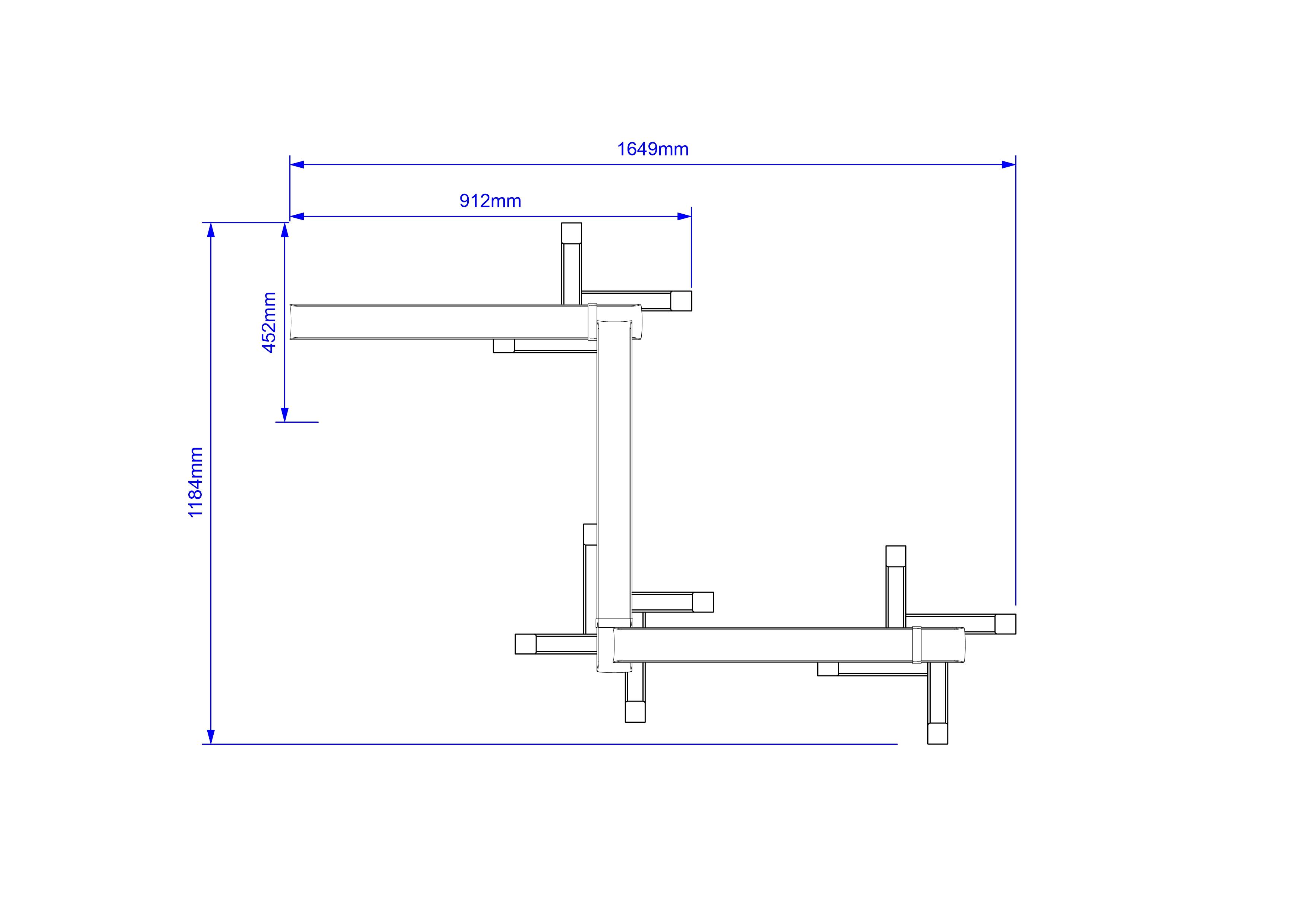 A 2D drawing showcasing the water channel stands from above with the measurements to the side.