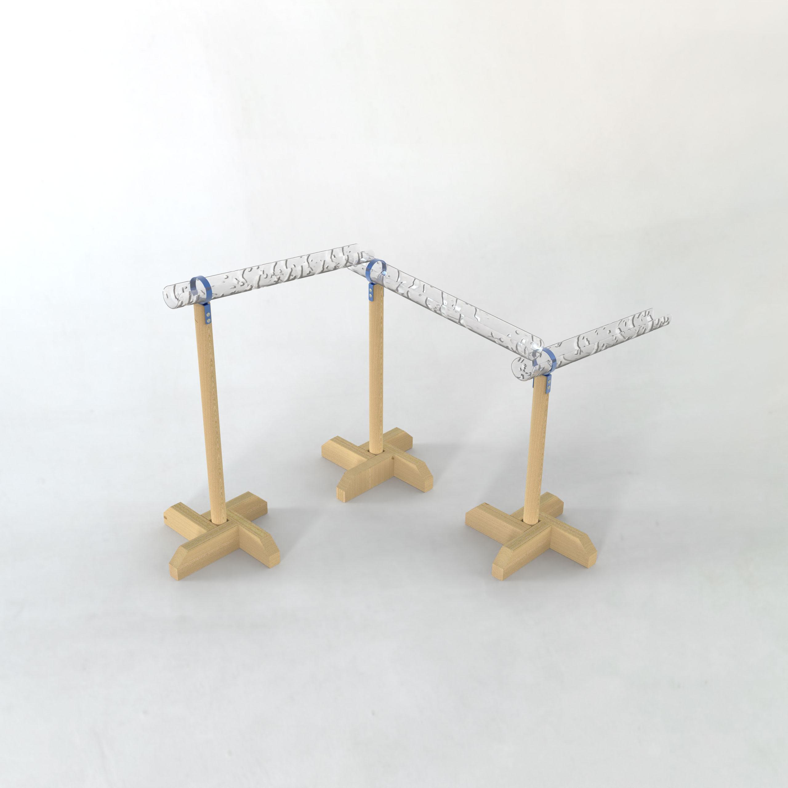 A 3D render of the water channel posts holding up some plastic see-through tubes.