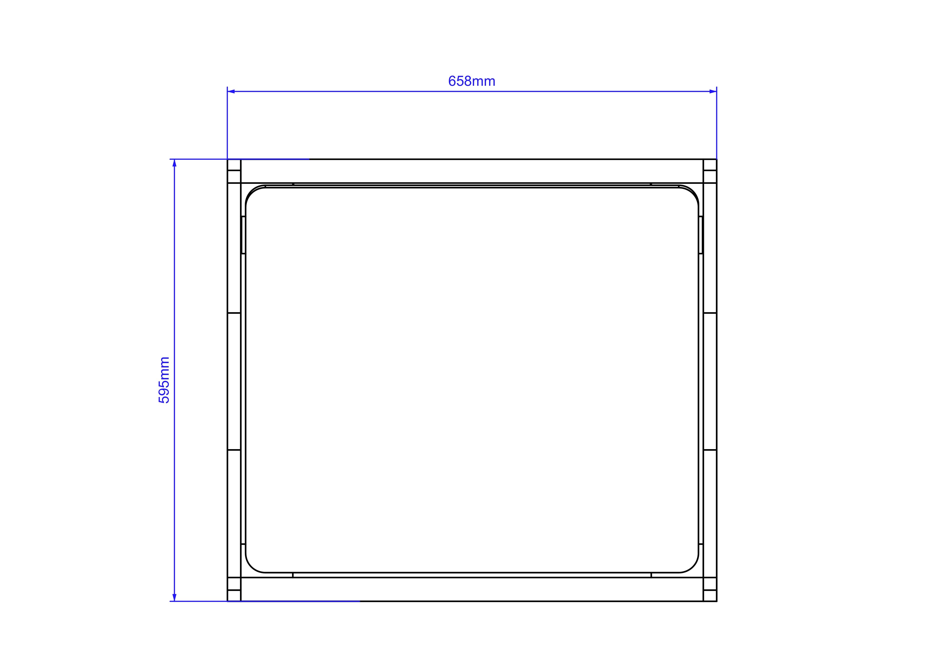 A 2D drawing of the mud box from above, with the dimensions of the box shown on the sides.