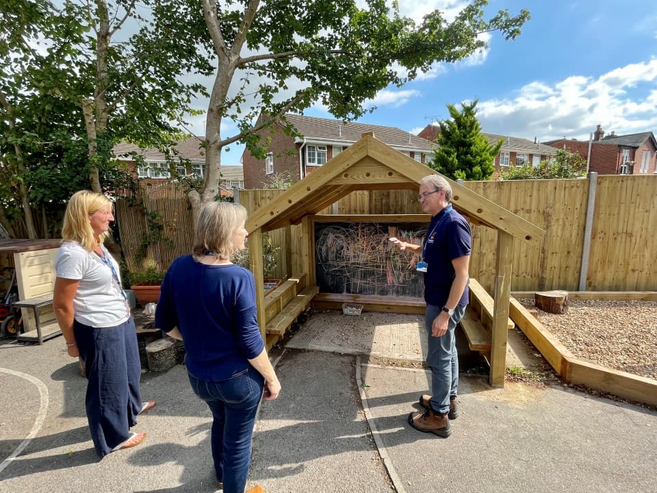 our hut with giant chalkboard and benches being discussed by Sam Flatman with Teachers