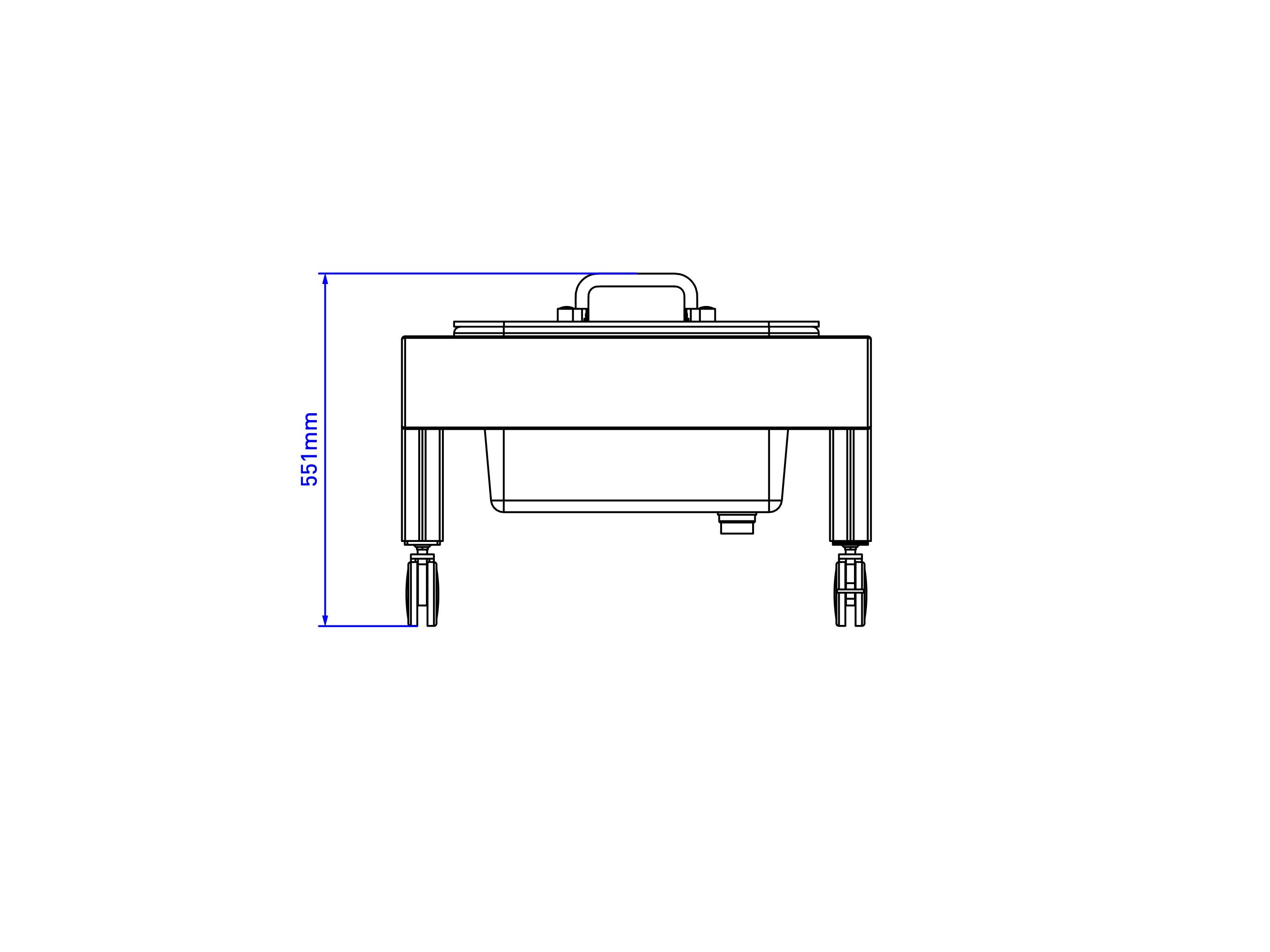 A 2D drawing of the water and sand table on wheels from the side perspective, with the height of the equipment shown on the side.