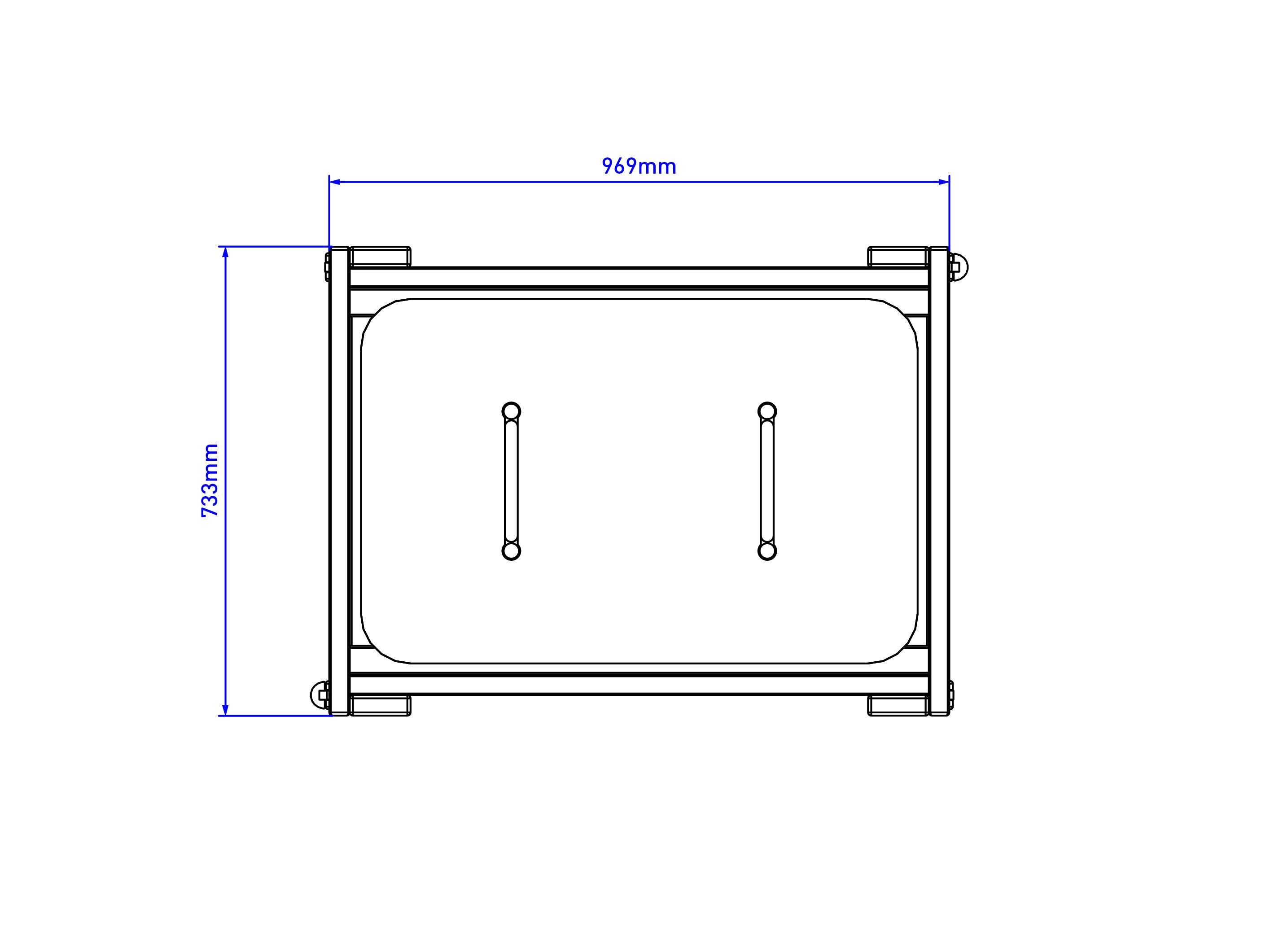 A 2D drawing of the water and sand table on wheels from above, with the length and width of the equipment shown on the side.