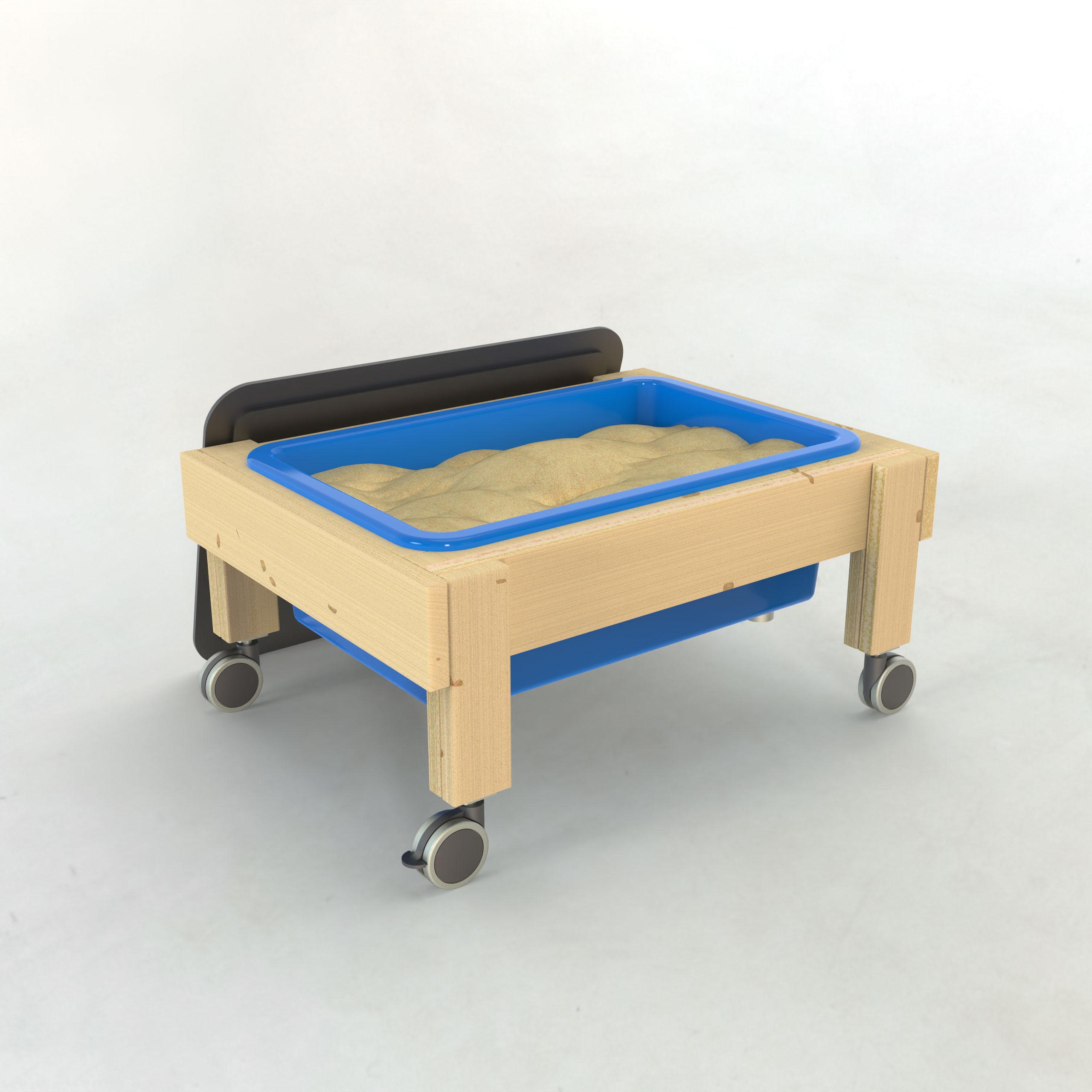 A 3D image of the Pentagon Play Sand table on wheels