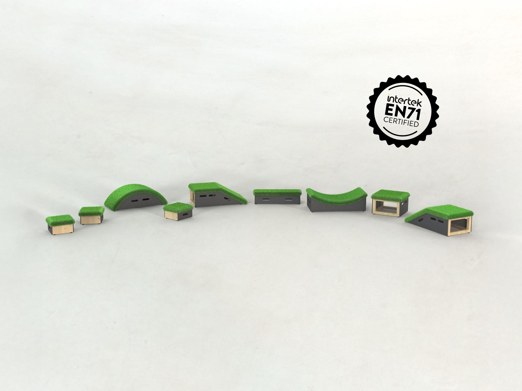 The blocks featured in the Get Set Go Pennine Set are laid out in a line to showcase the different shapes.