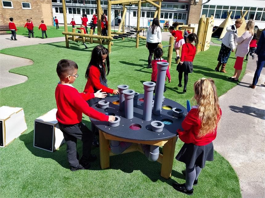 A group of children using the musical play equipment tin their playground