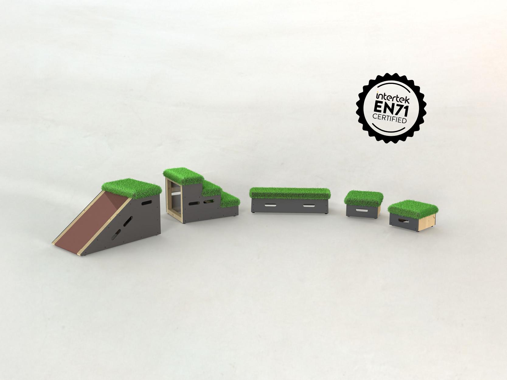 A render image of grass-topped Get Set, Go! Blocks - The Chilterns Set.