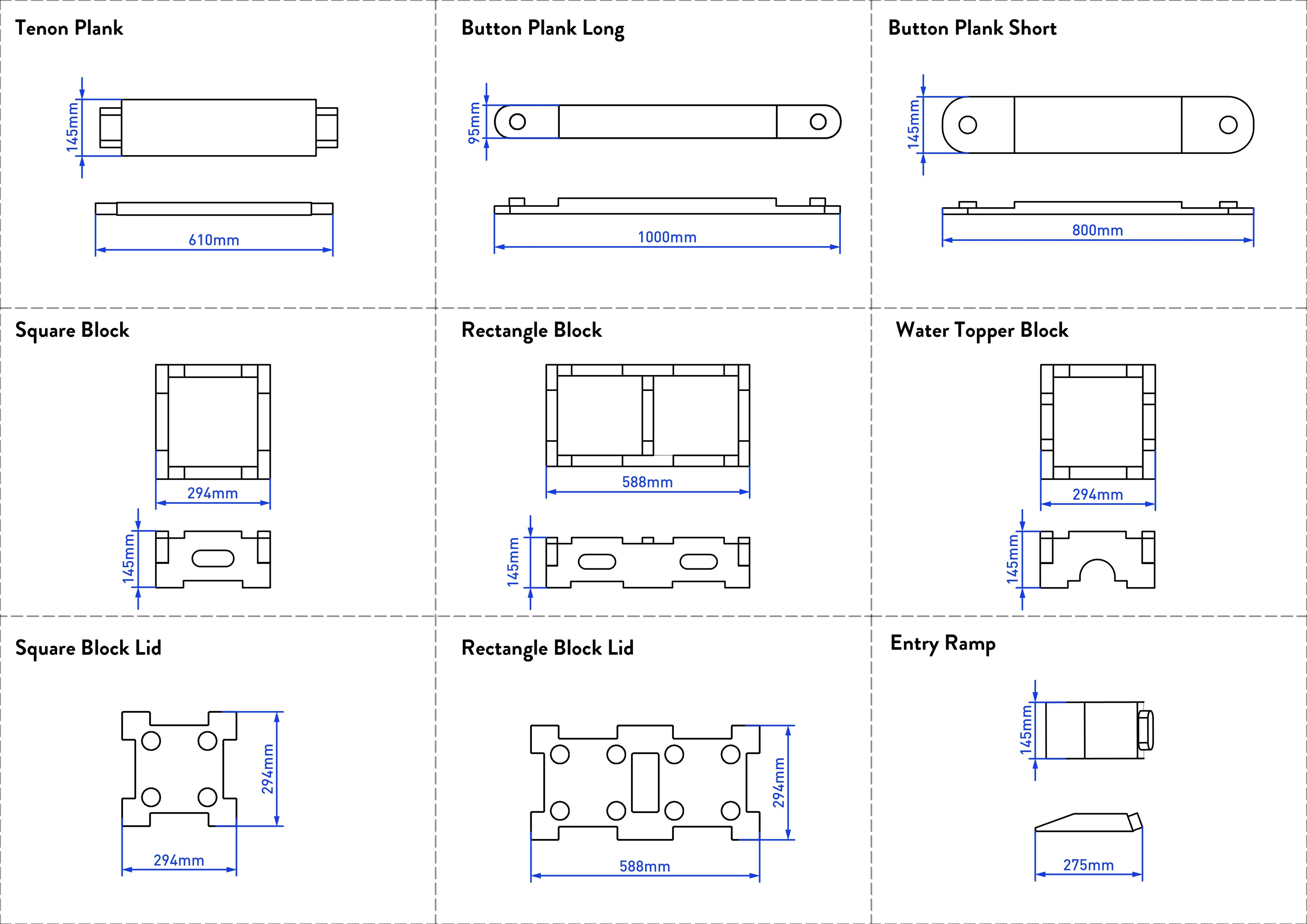 Individual 2D renders of Play Builder with dimensions 
