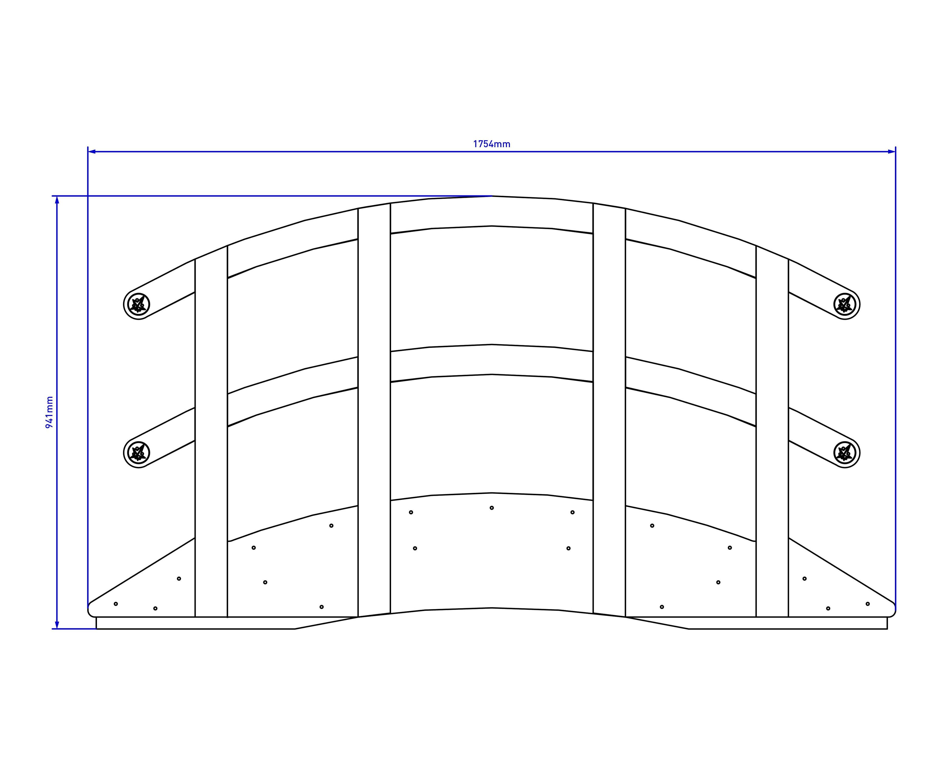 2D elevated view drawing of the play bridge with handrails on white background