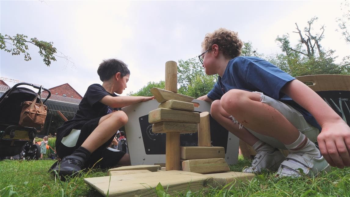 2 young boys playing with the blocks in front of the mini skip