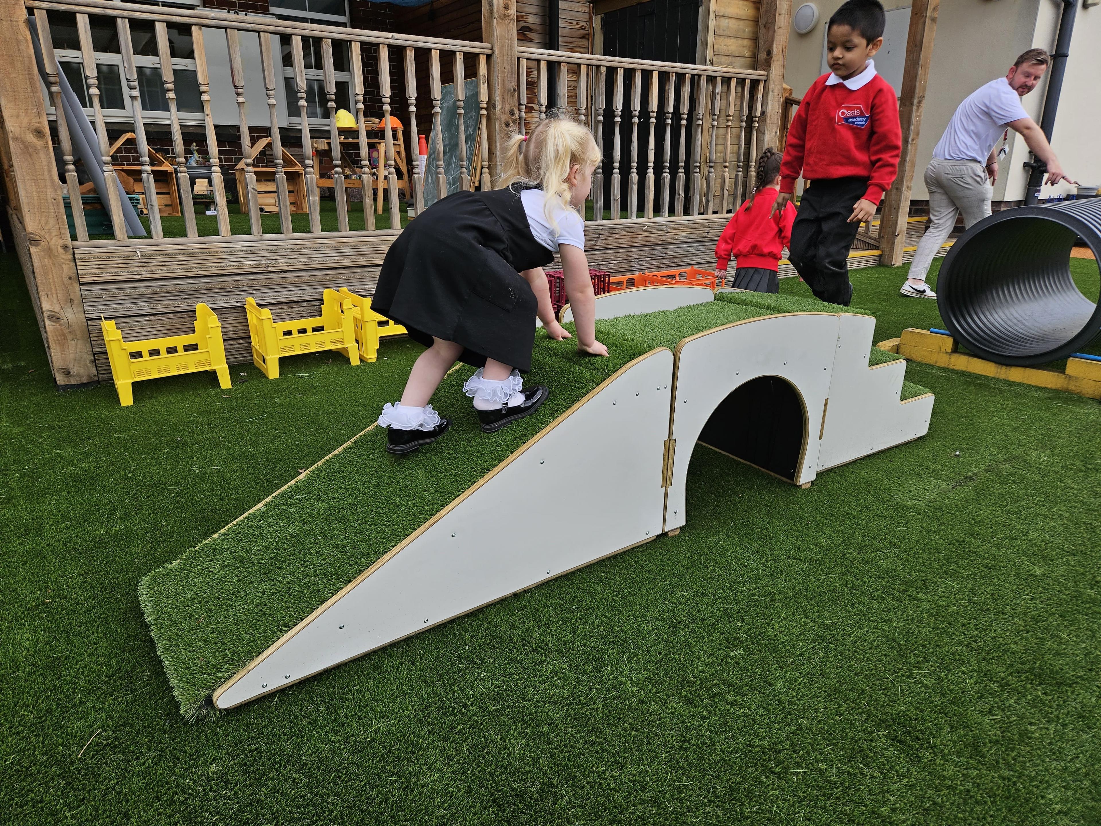 Up and Under Blocks Ramp and Stairs in a school playground.