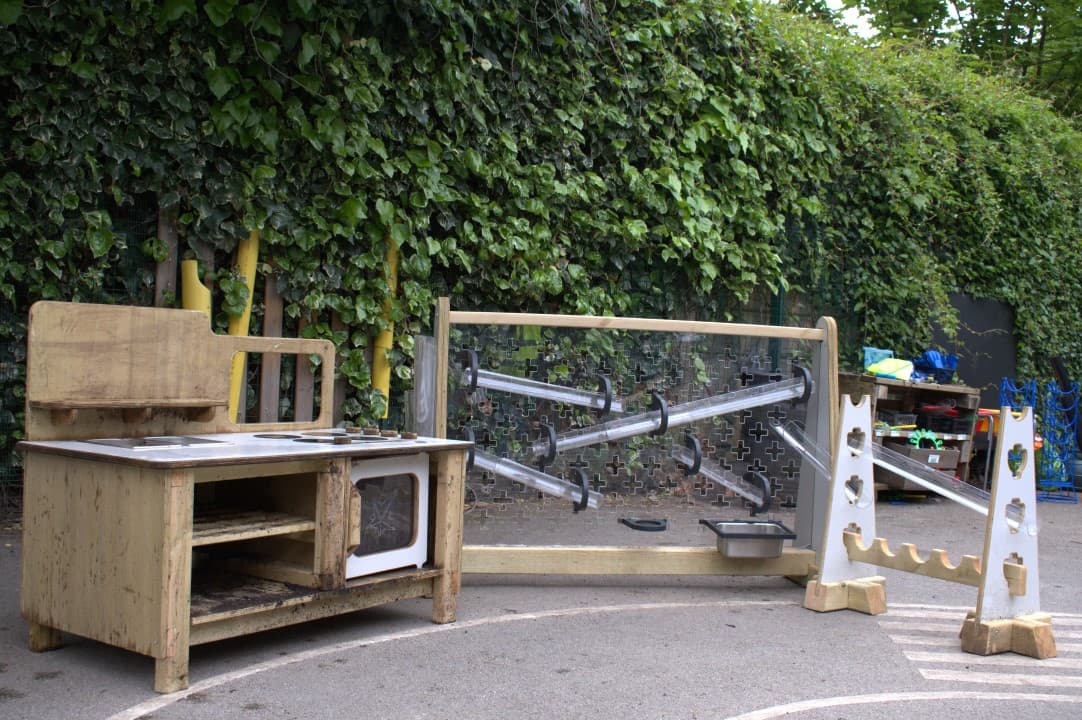 Pentagon Play Inventor Messy Play Package - including wooden mud kitchen, water wall and water channel stands,