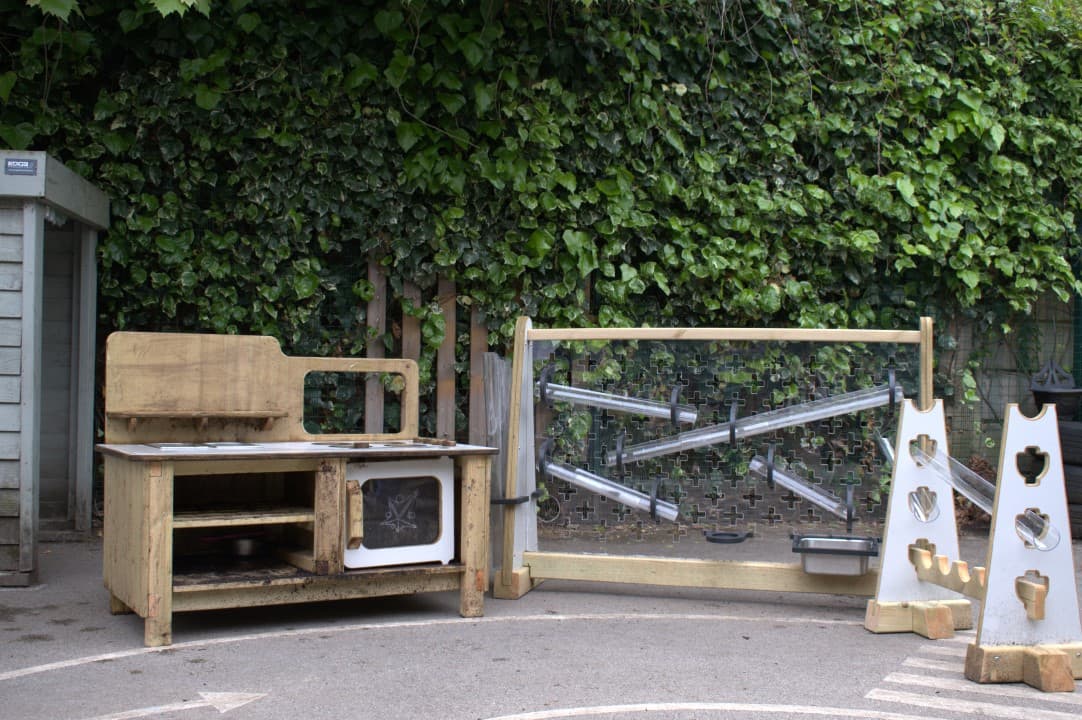 Pentagon Play Inventor Messy Play Package - including wooden mud kitchen, water wall and water channel stands,