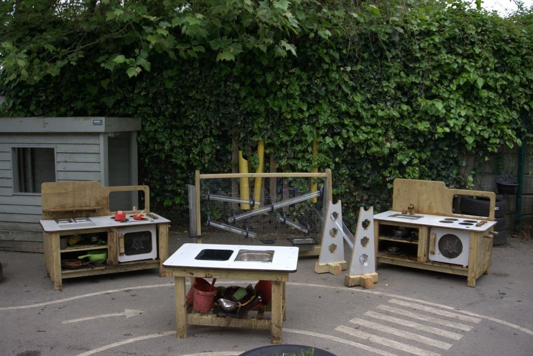 Image of the Pioneer Messy Play Package in a playground, showing all the individual pieces of equipment