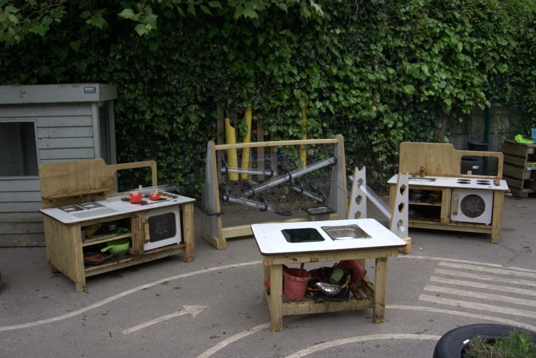 Image of the Pioneer Messy Play Package in a playground, showing all the individual pieces of equipment