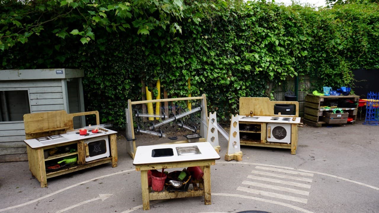 Image of the Pioneer Messy Play Package in a playground, showing all the individual pieces of equipment