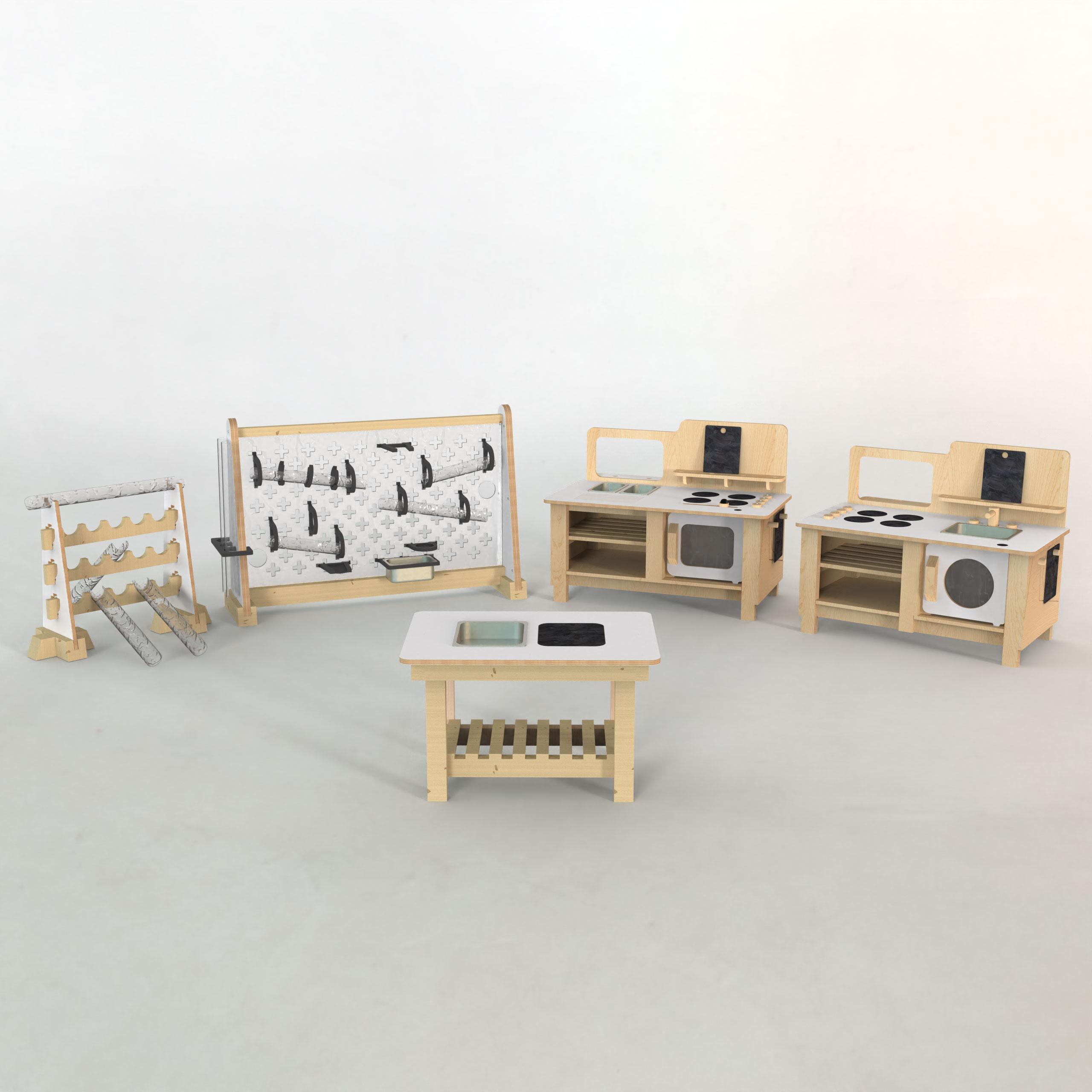 3D Image of the Pioneer Messy Play Package, showing all the individual pieces of equipment