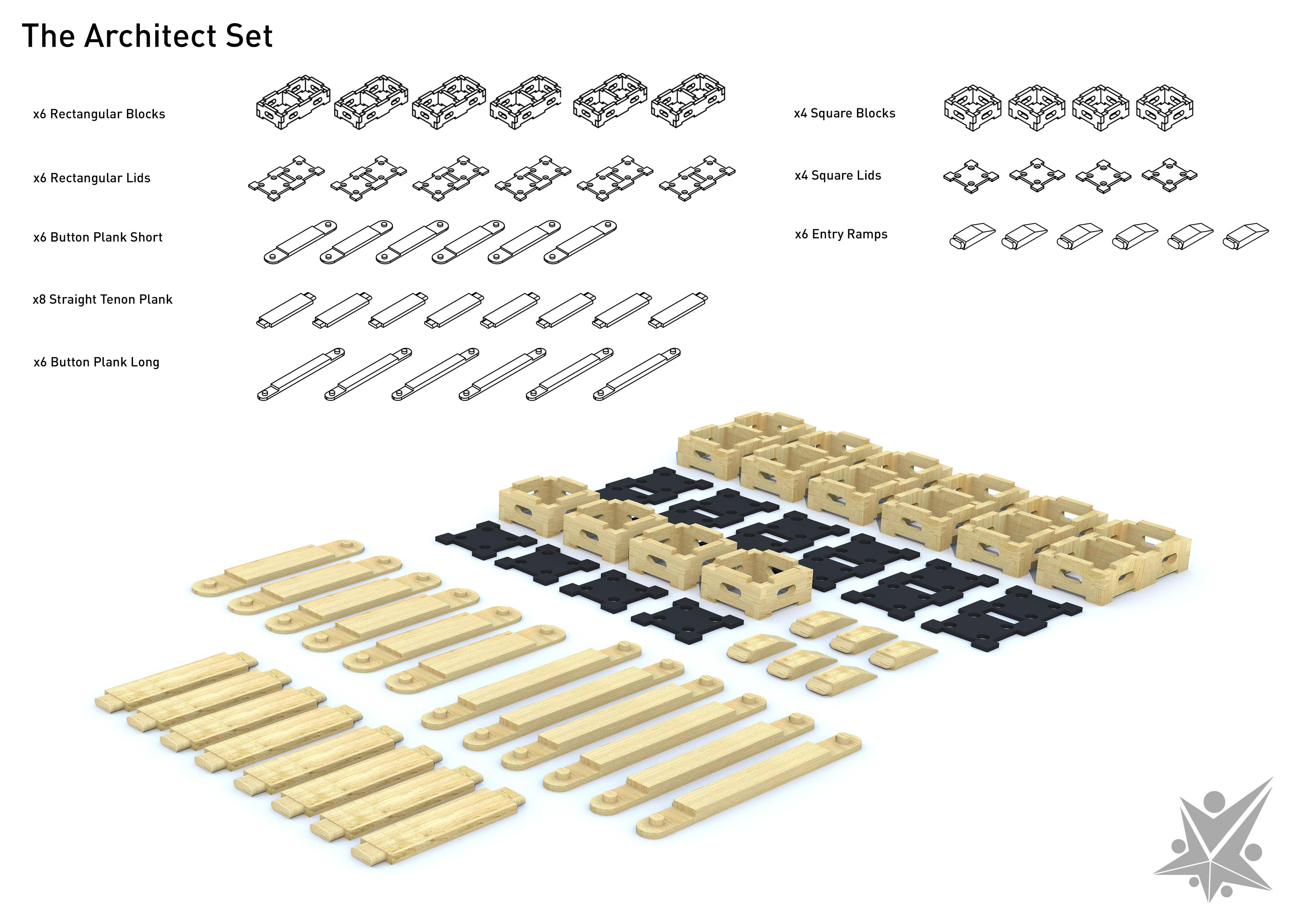 A 3d render that lists every single part in the Play Builder Architect set.