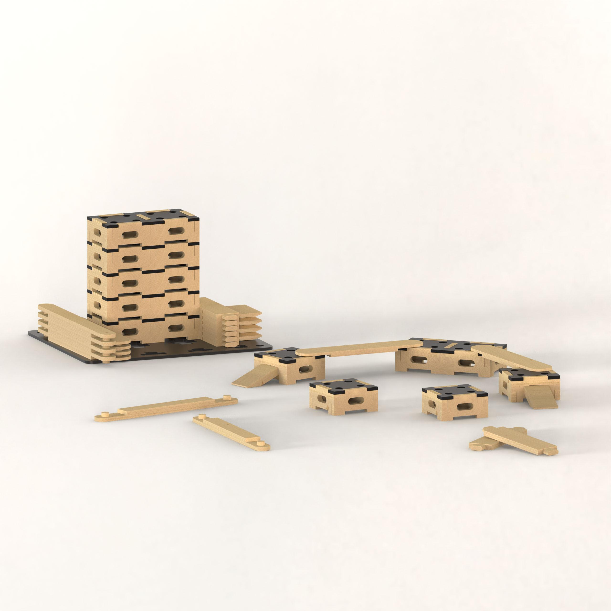 A 3D visualisation of the variety of pieces included in the Play Builder Architect set.