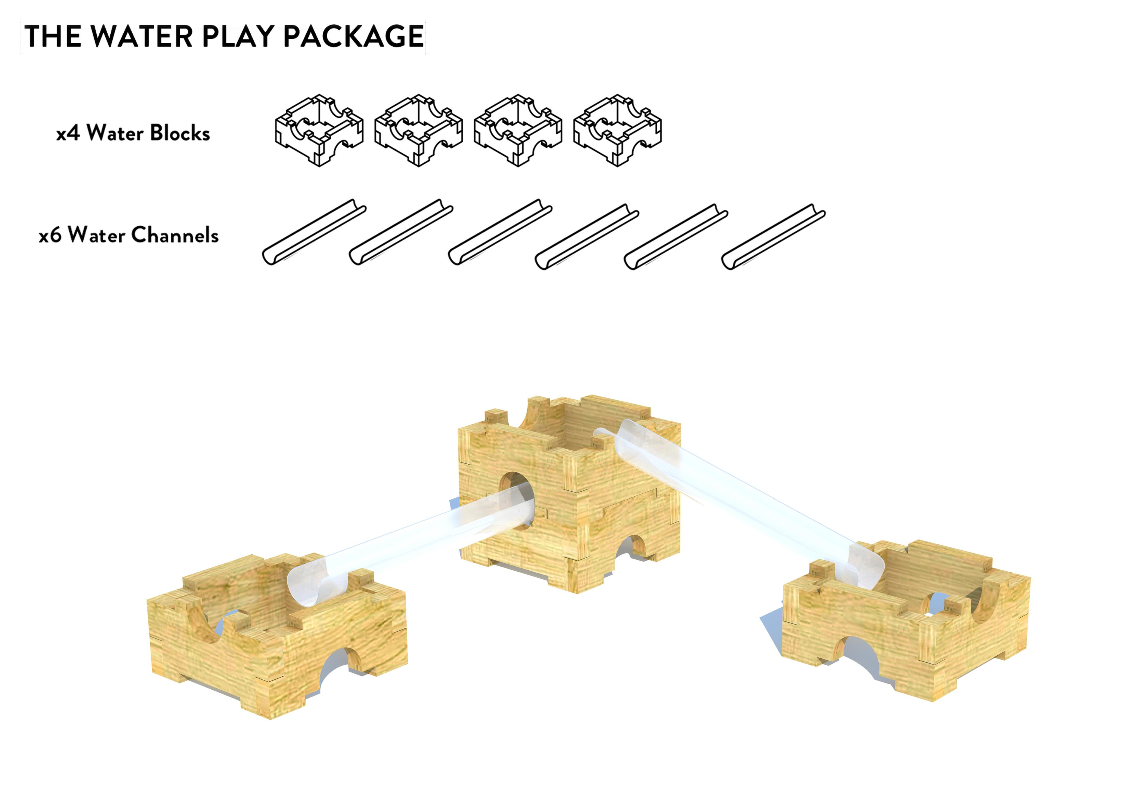 A 3D render that show cases all of the parts that come with the Water Play Builder package.