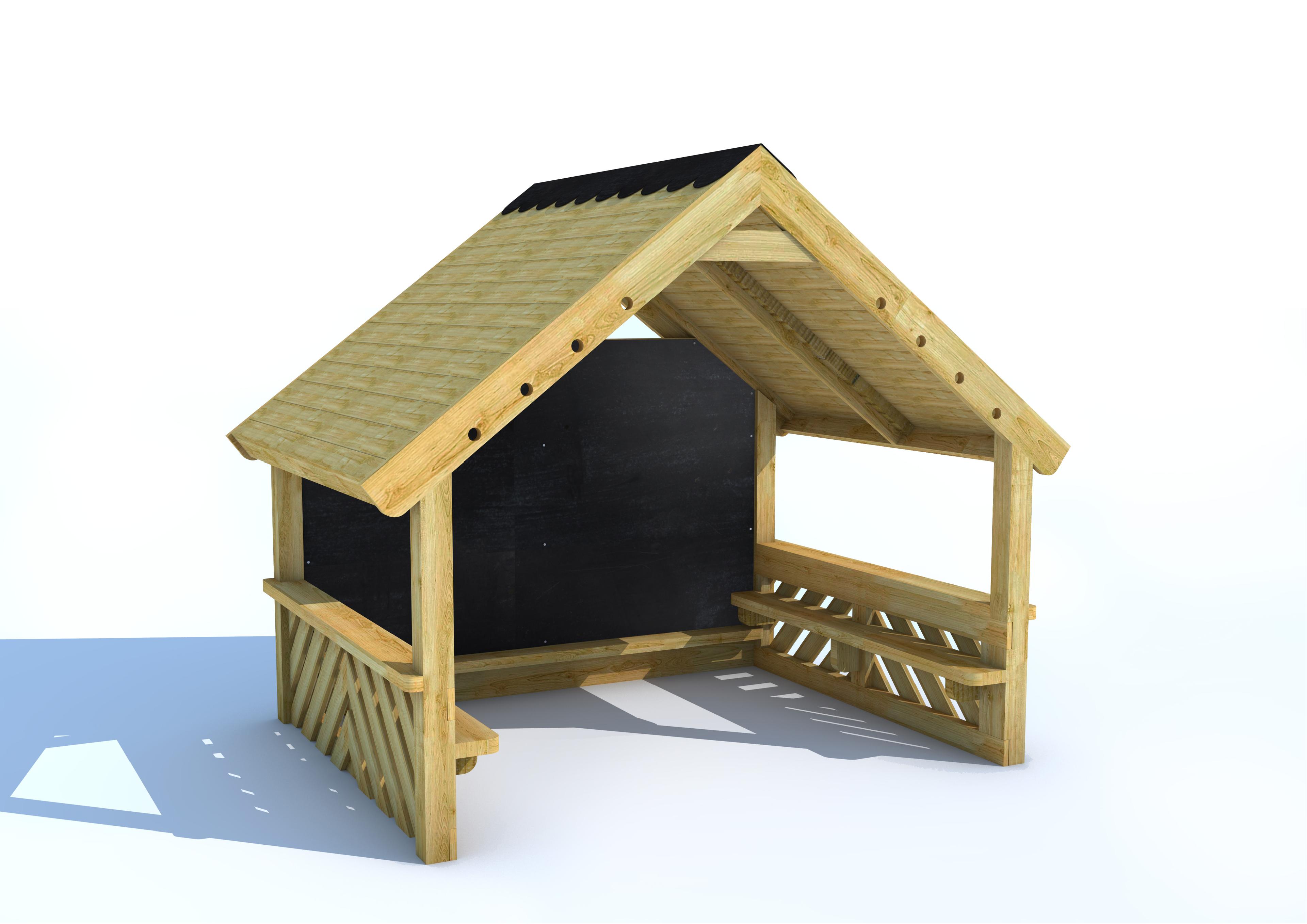 3D render of Giant Playhouse with Chalkboard, Walls and Benches 