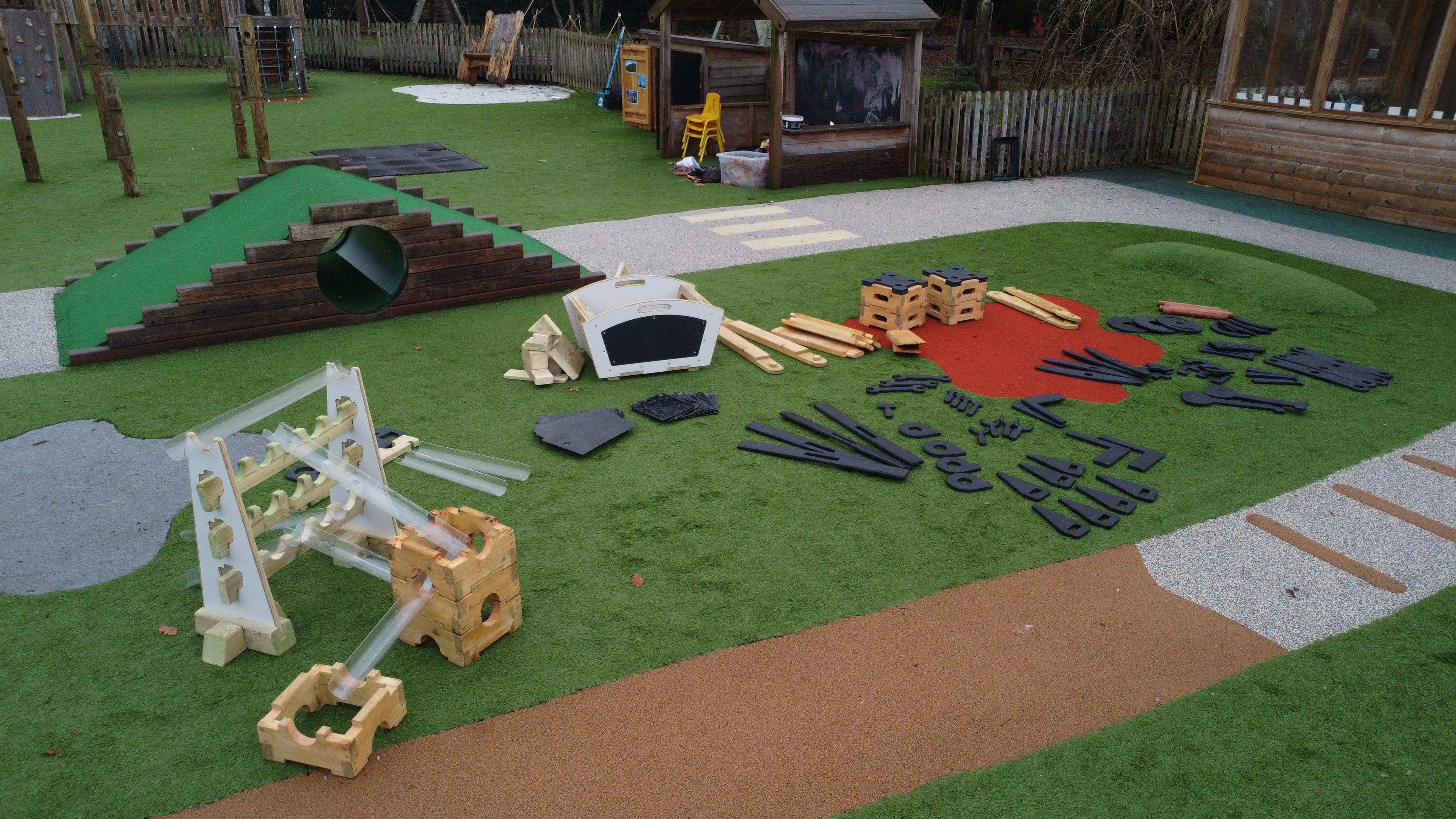 A birds eye view of the loose parts play set in a school playground