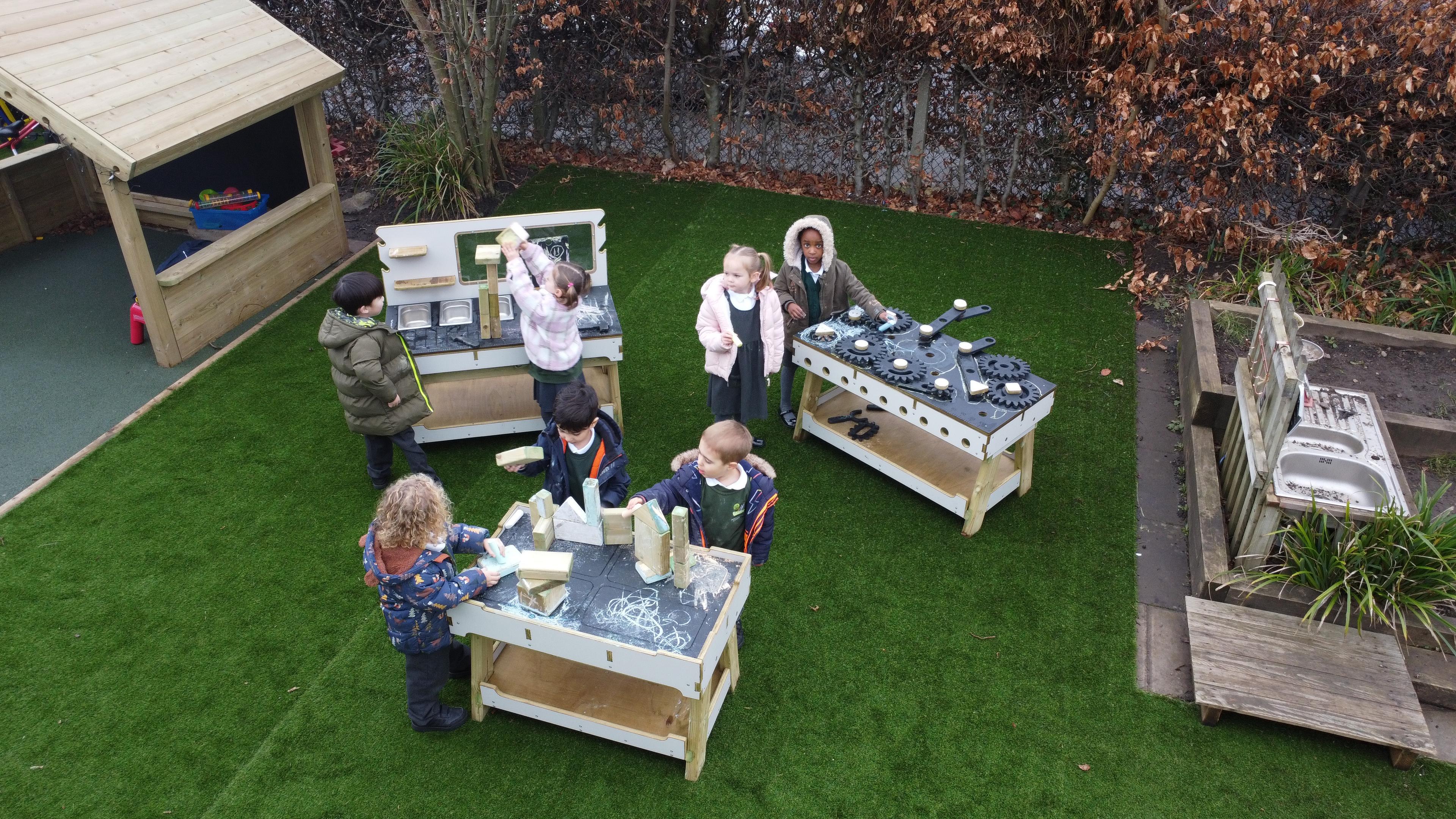 A birds eye view of the construction table in an early years setting