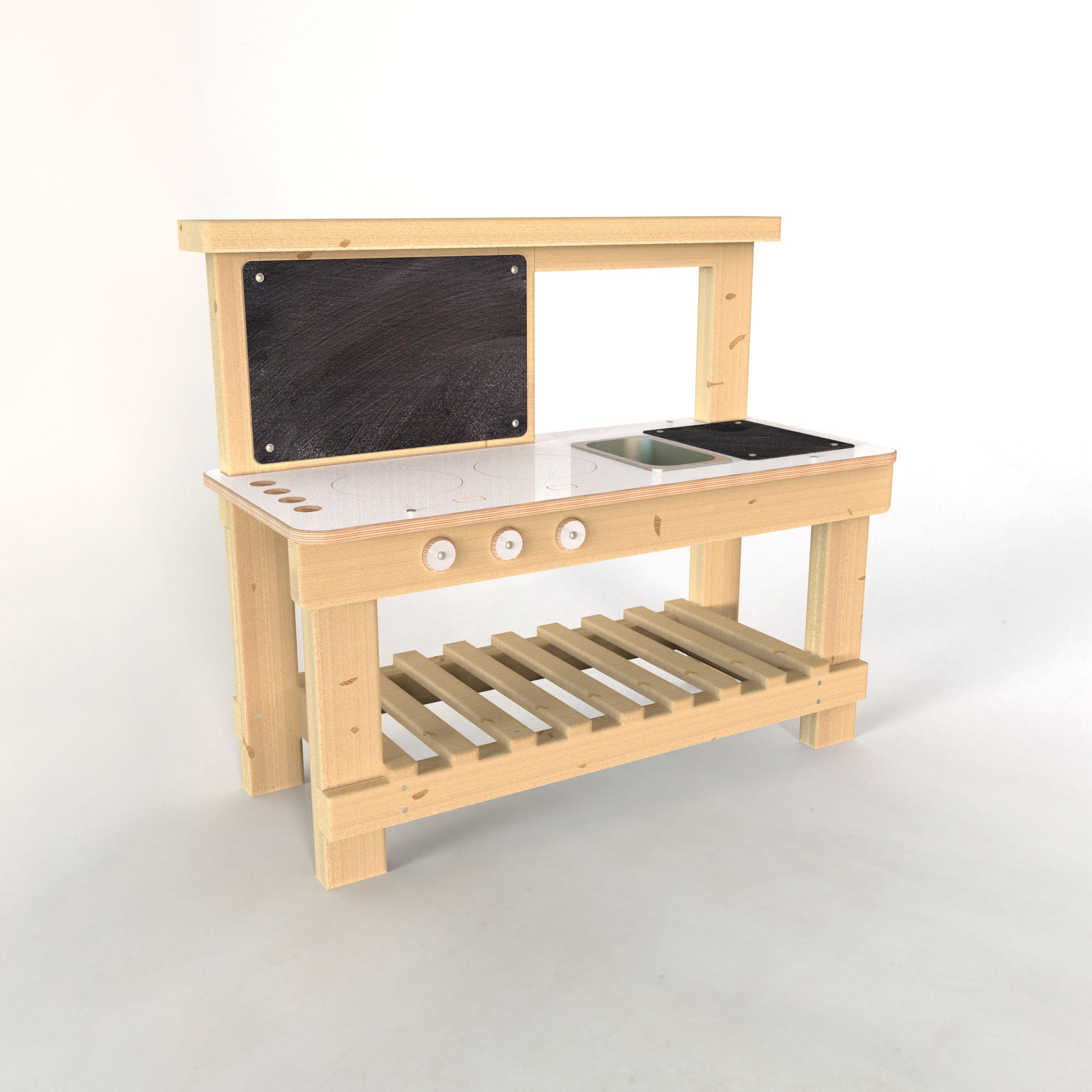 A 3D render of the Mud Kitchen, showcasing all of the features included on the piece of equipment.