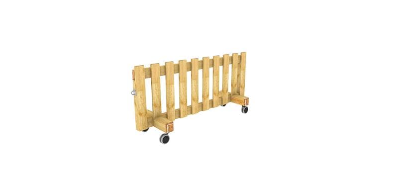 A wooden fence panel that has castor wheels attached to the bottom of the unit.