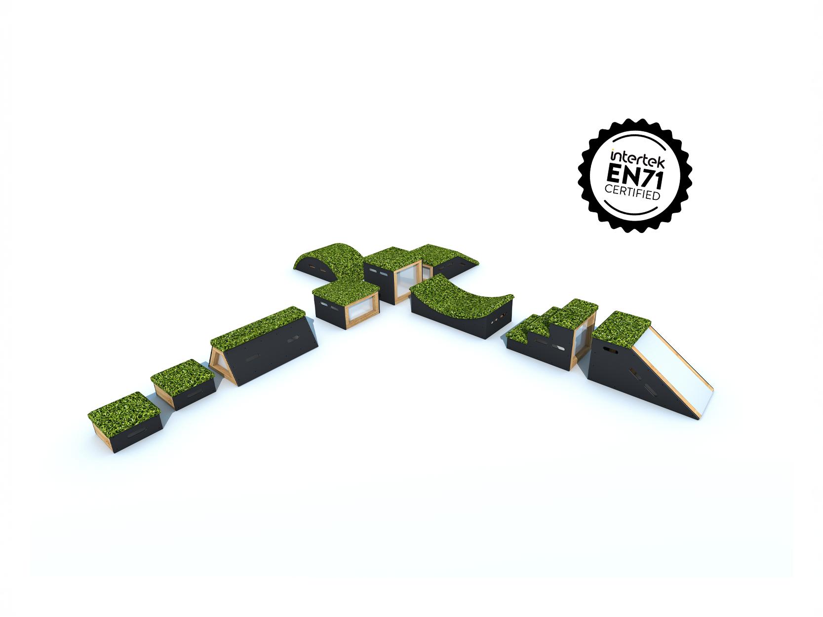 A 3D render showcasing all of the different types of blocks that are included with the "Get Set, Go! Blocks - The Snowdonia Set". 