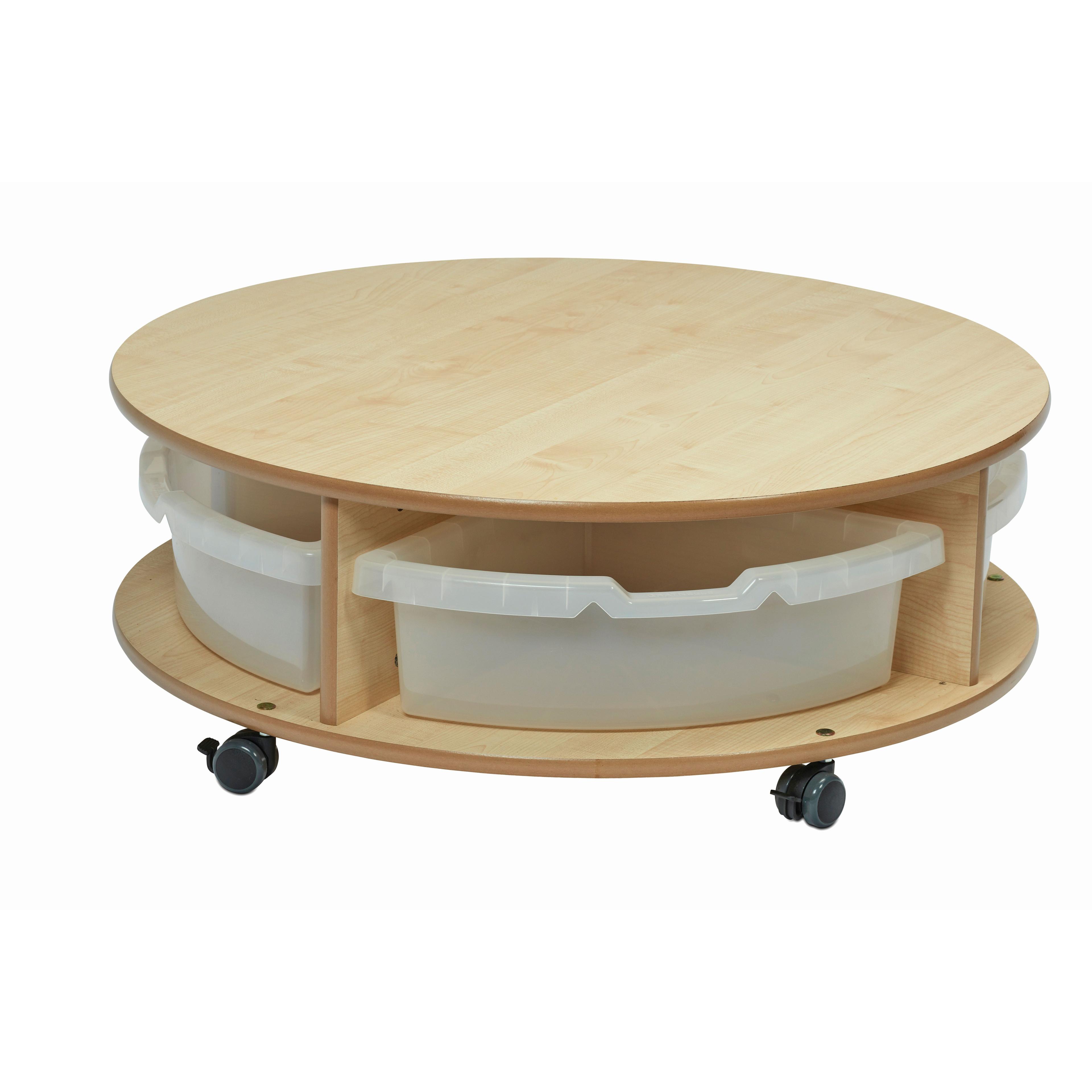 An empty Single Tier Mobile Circular Storage Unit with 4 Clear Tubs, on a white background.