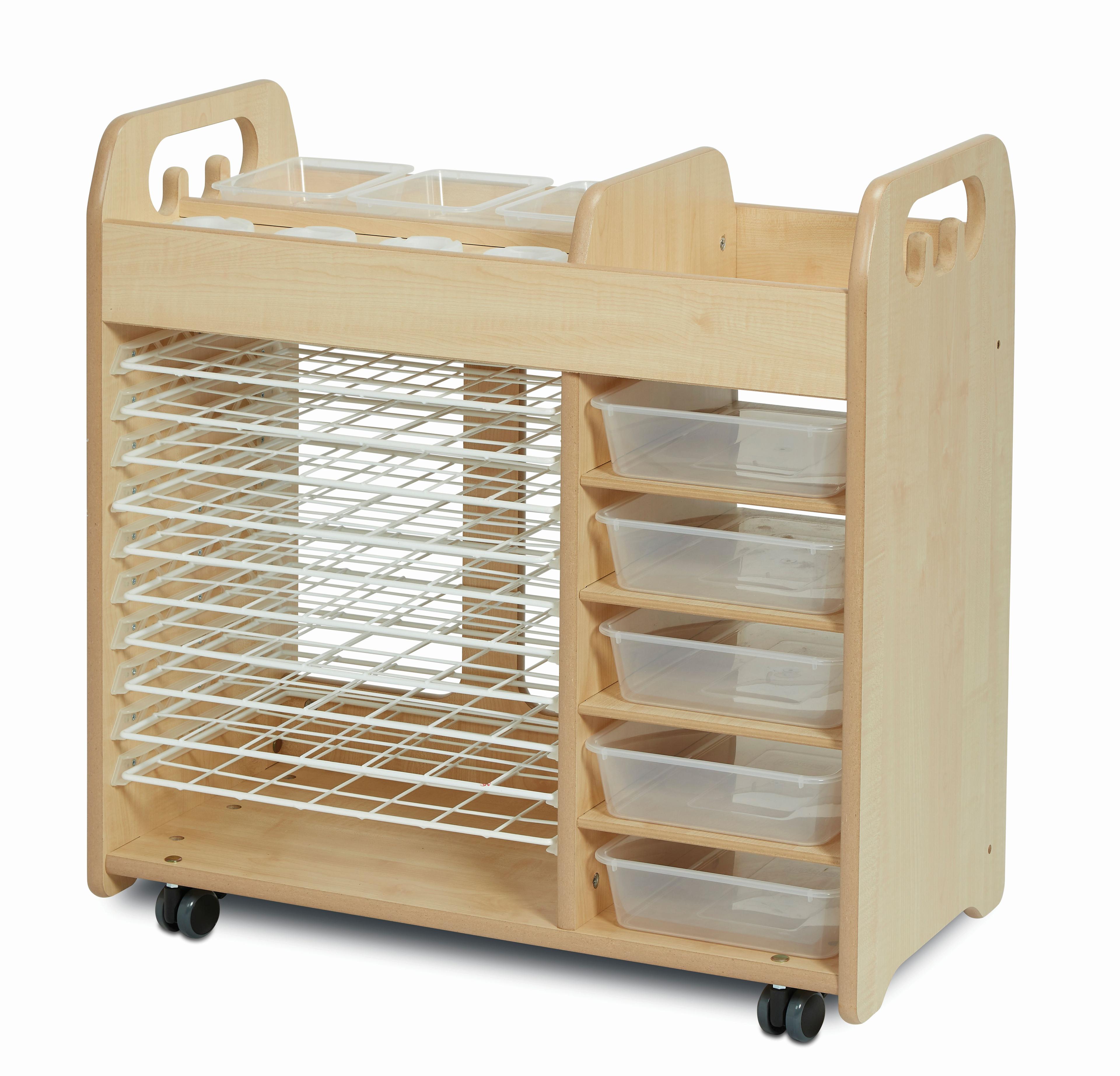 An empty Combi Art Trolley on wheels with shelves for drying artwork, on a white background.